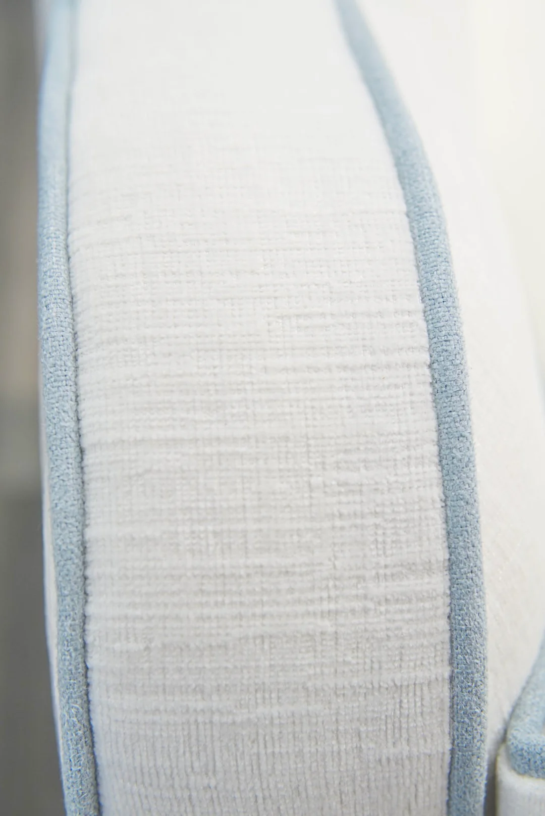 Custom Scalloped Swivel Chair: White Performance Fabric - Sky Blue Trim - Image 7