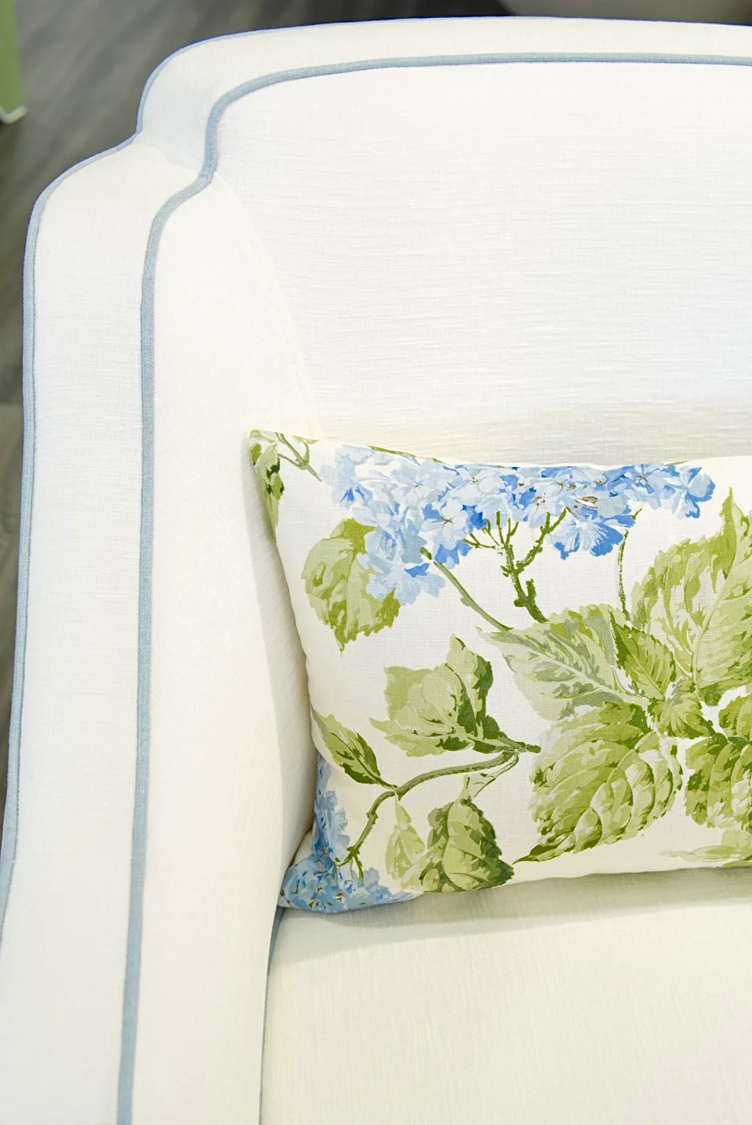Custom Scalloped Swivel Chair: White Performance Fabric - Sky Blue Trim - Image 8