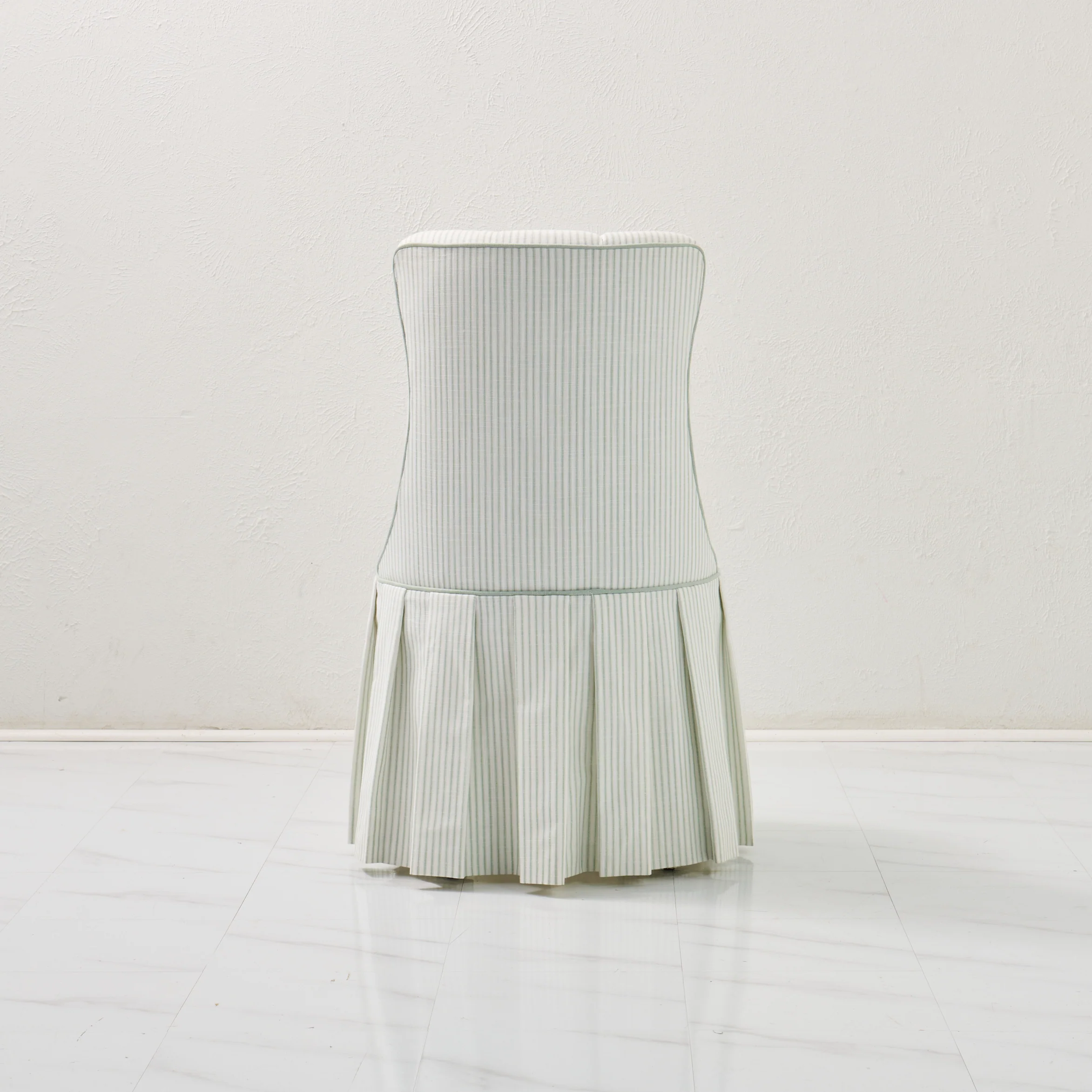 Custom Skirted Vanity Chair / Stool in Classic Green Striped- Pistachio Trim - Image 4