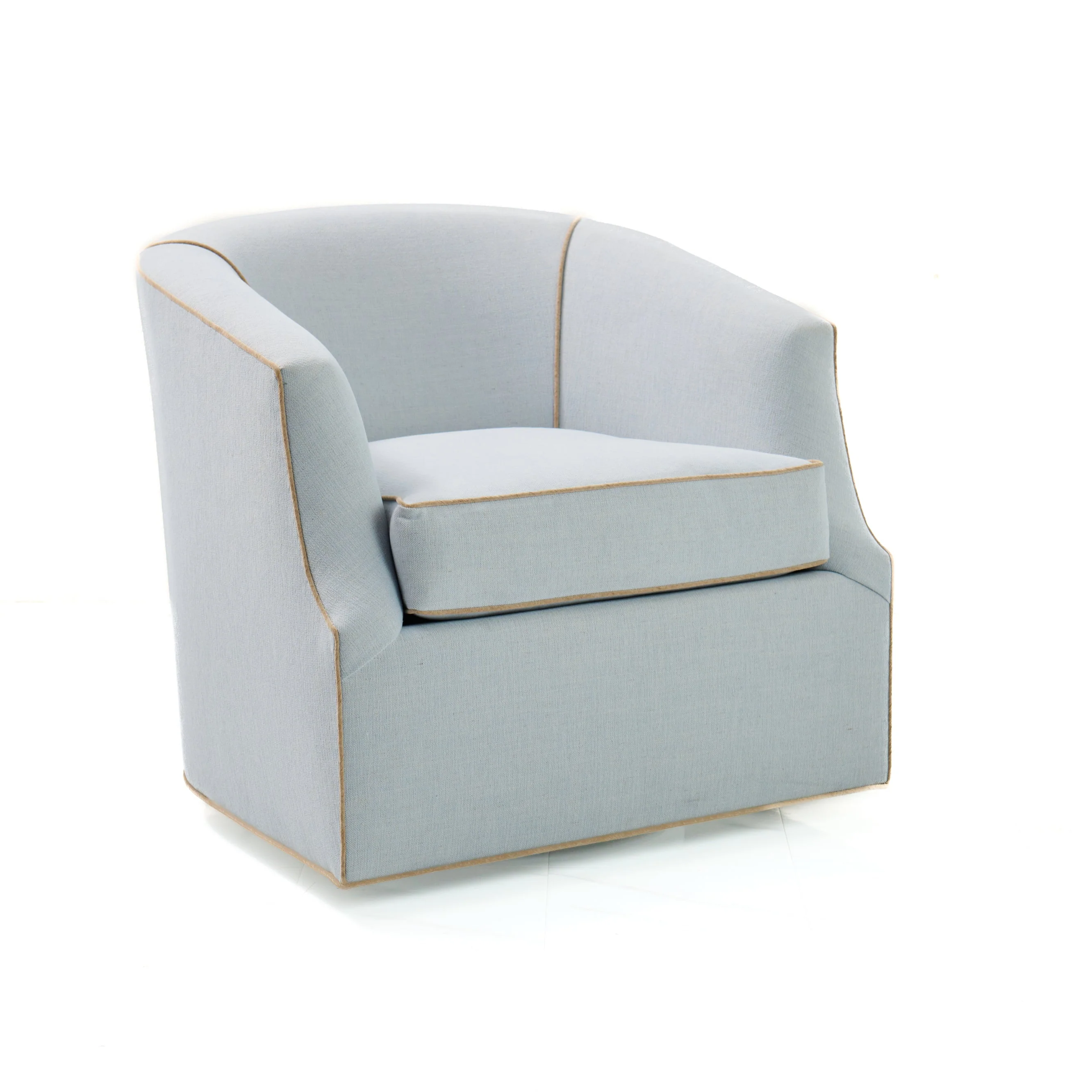 Custom Swivel Chair - Performance Crypton Fabric in Light Blue - Mushroom Trim
