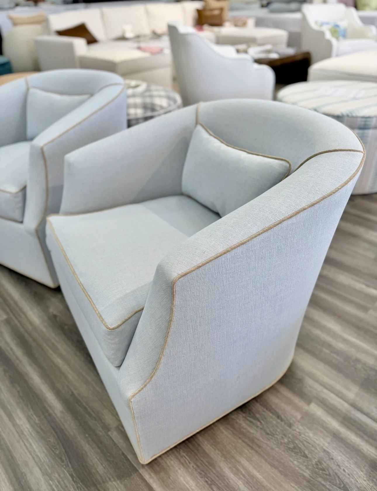 Custom Swivel Chair - Performance Crypton Fabric in Light Blue - Mushroom Trim - Image 10