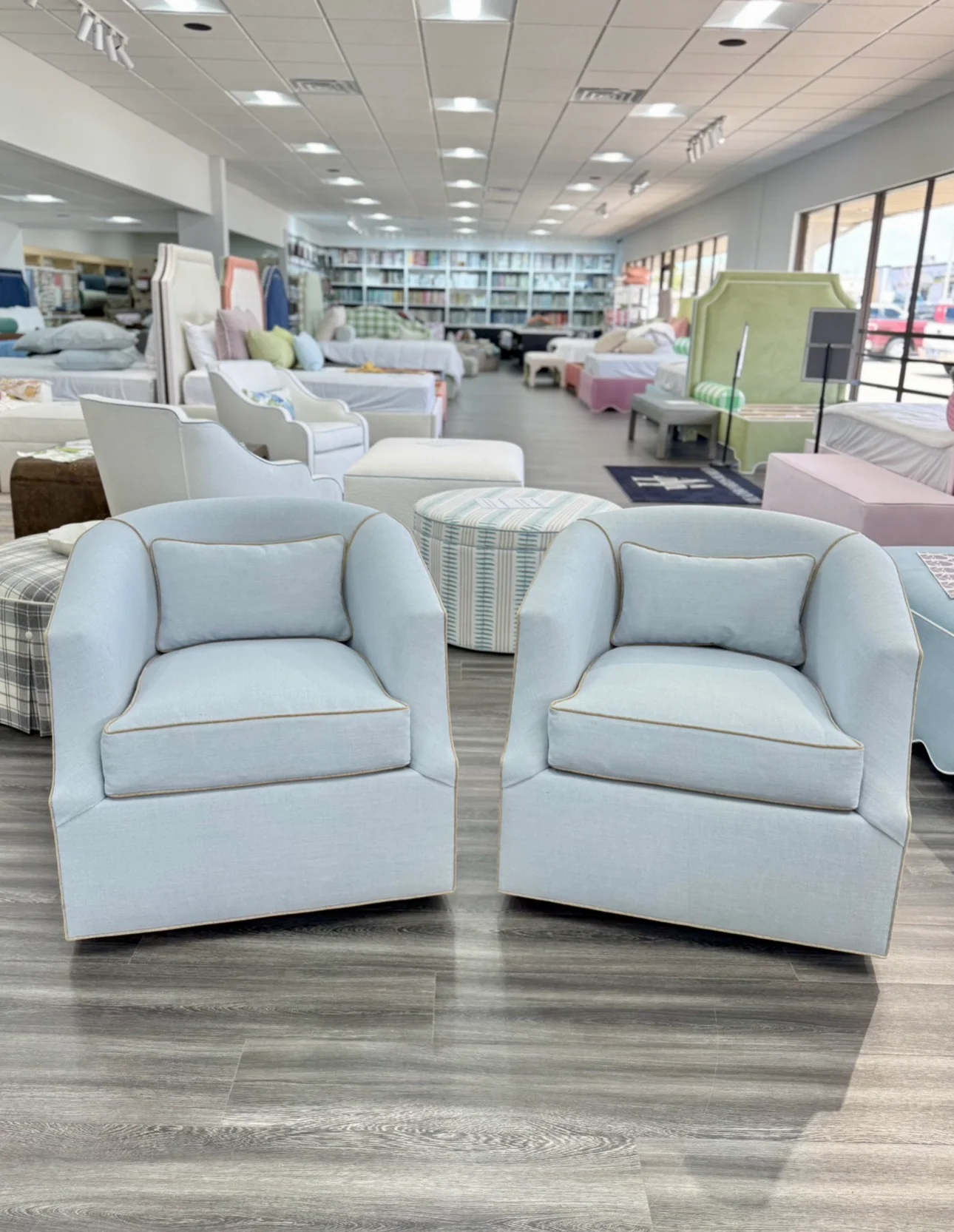 Custom Swivel Chair - Performance Crypton Fabric in Light Blue - Mushroom Trim - Image 11