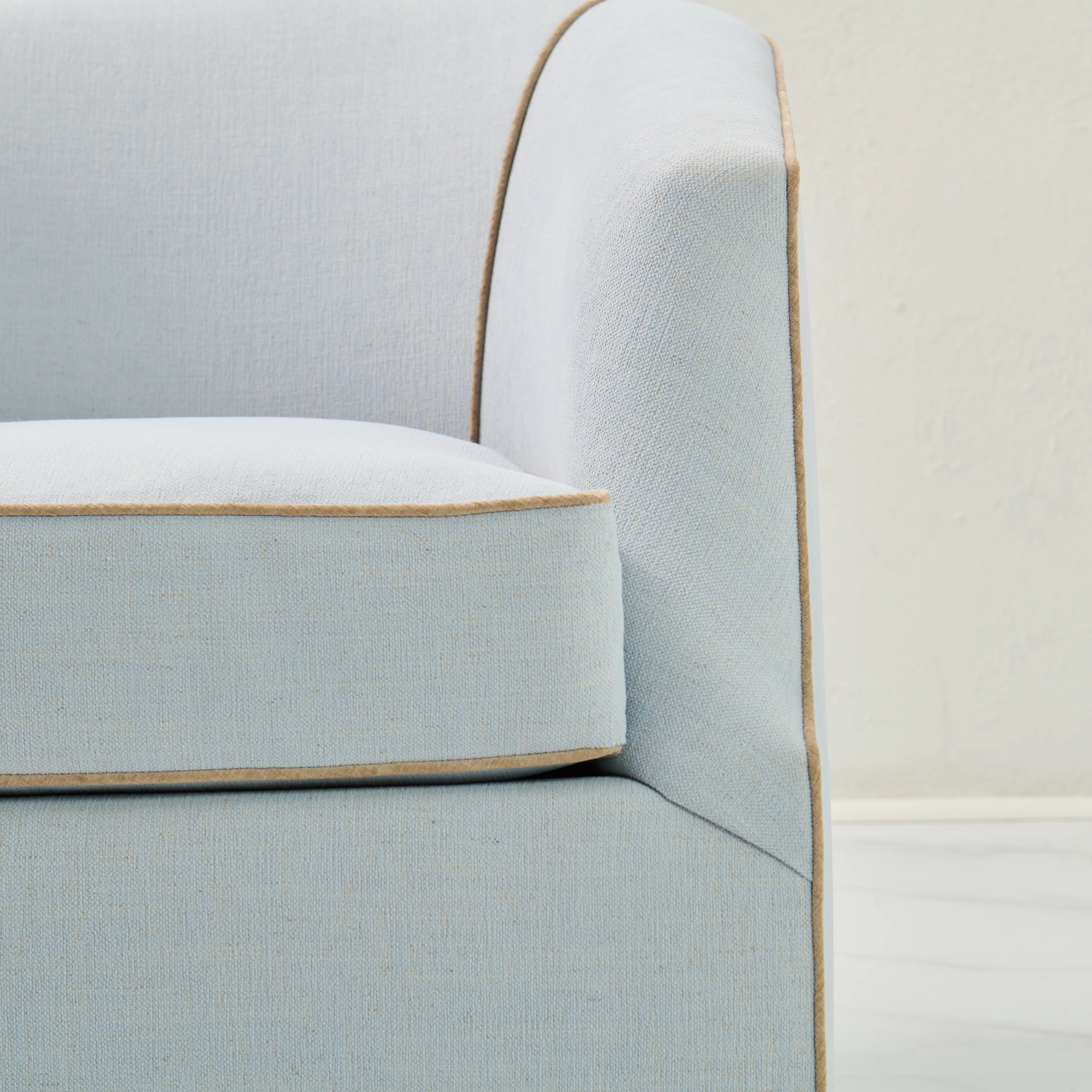 Custom Swivel Chair - Performance Crypton Fabric in Light Blue - Mushroom Trim - Image 2