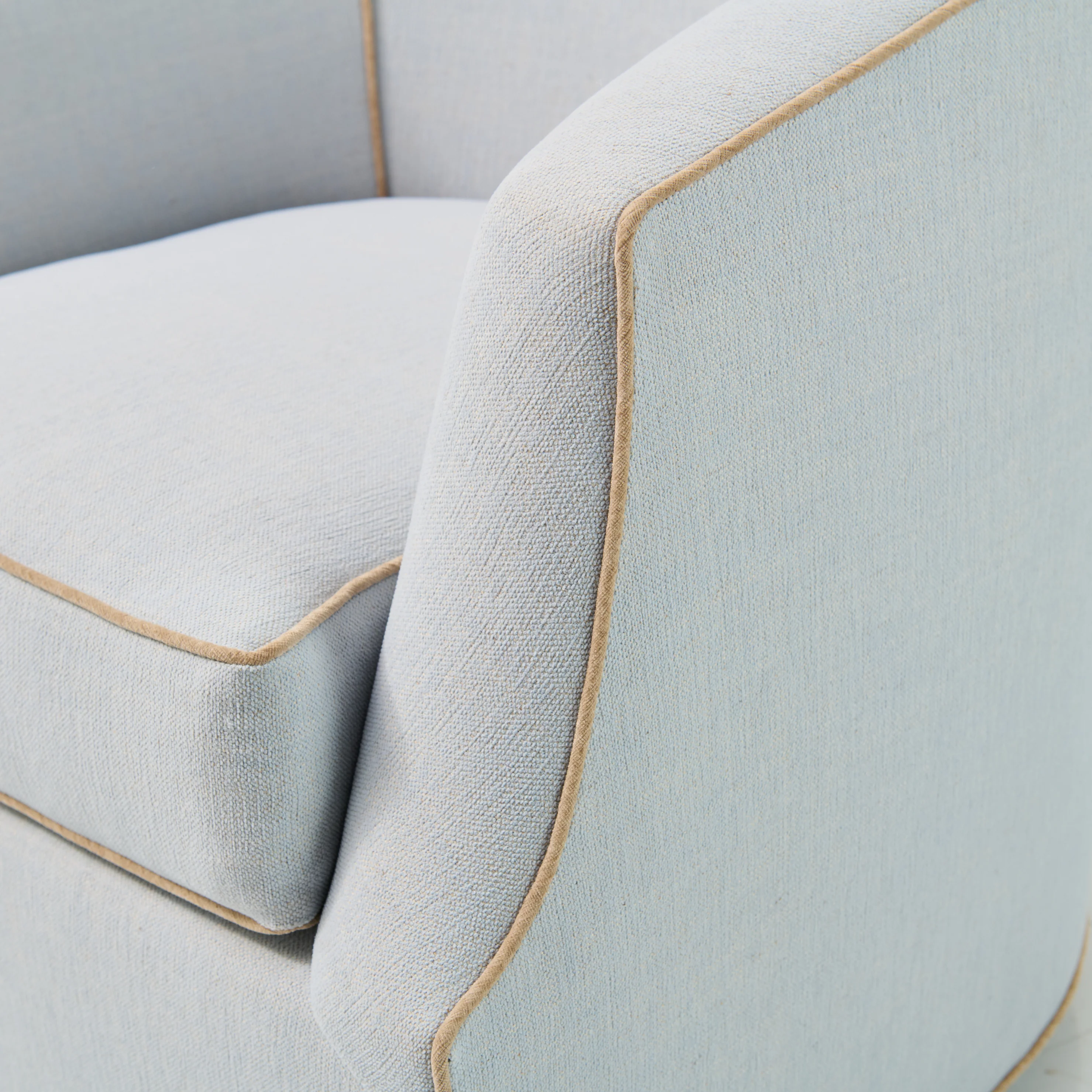 Custom Swivel Chair - Performance Crypton Fabric in Light Blue - Mushroom Trim - Image 3