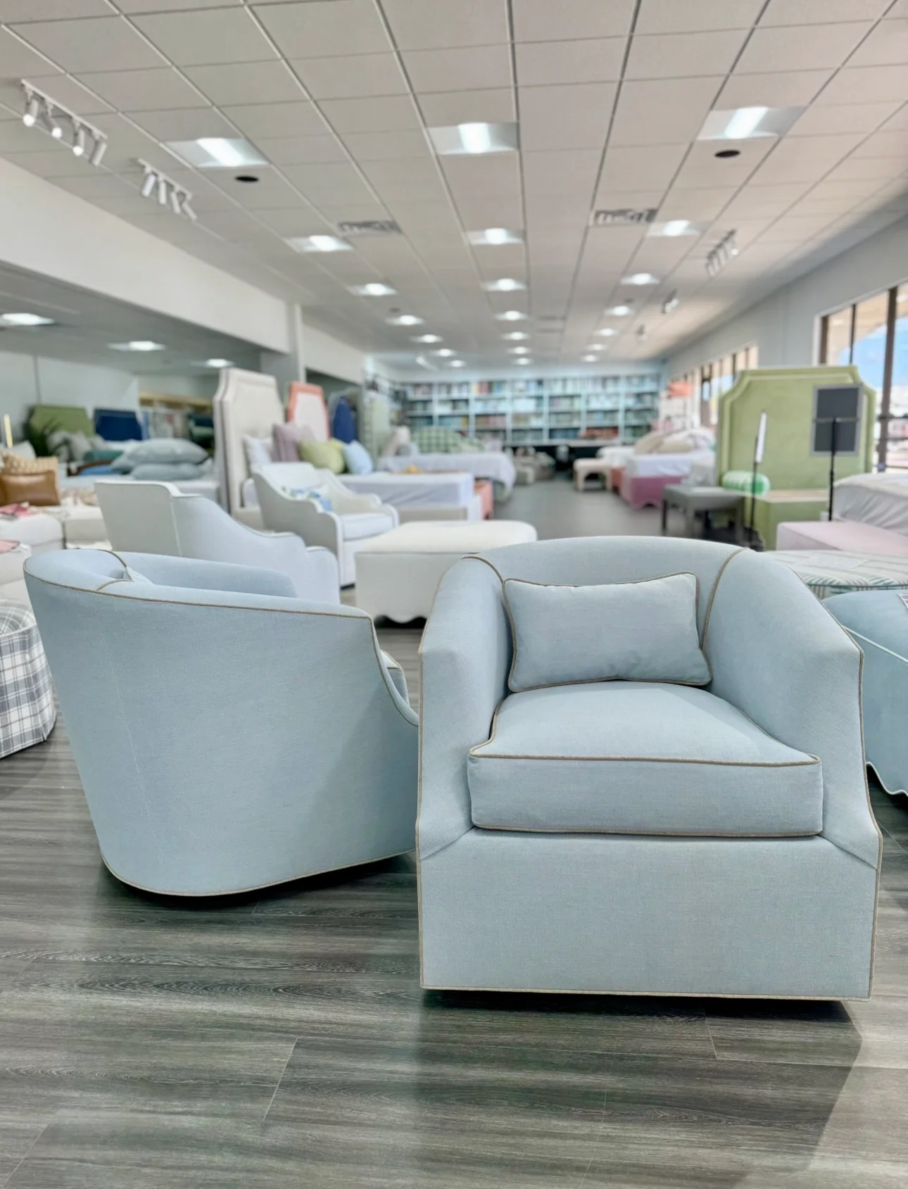 Custom Swivel Chair - Performance Crypton Fabric in Light Blue - Mushroom Trim - Image 4