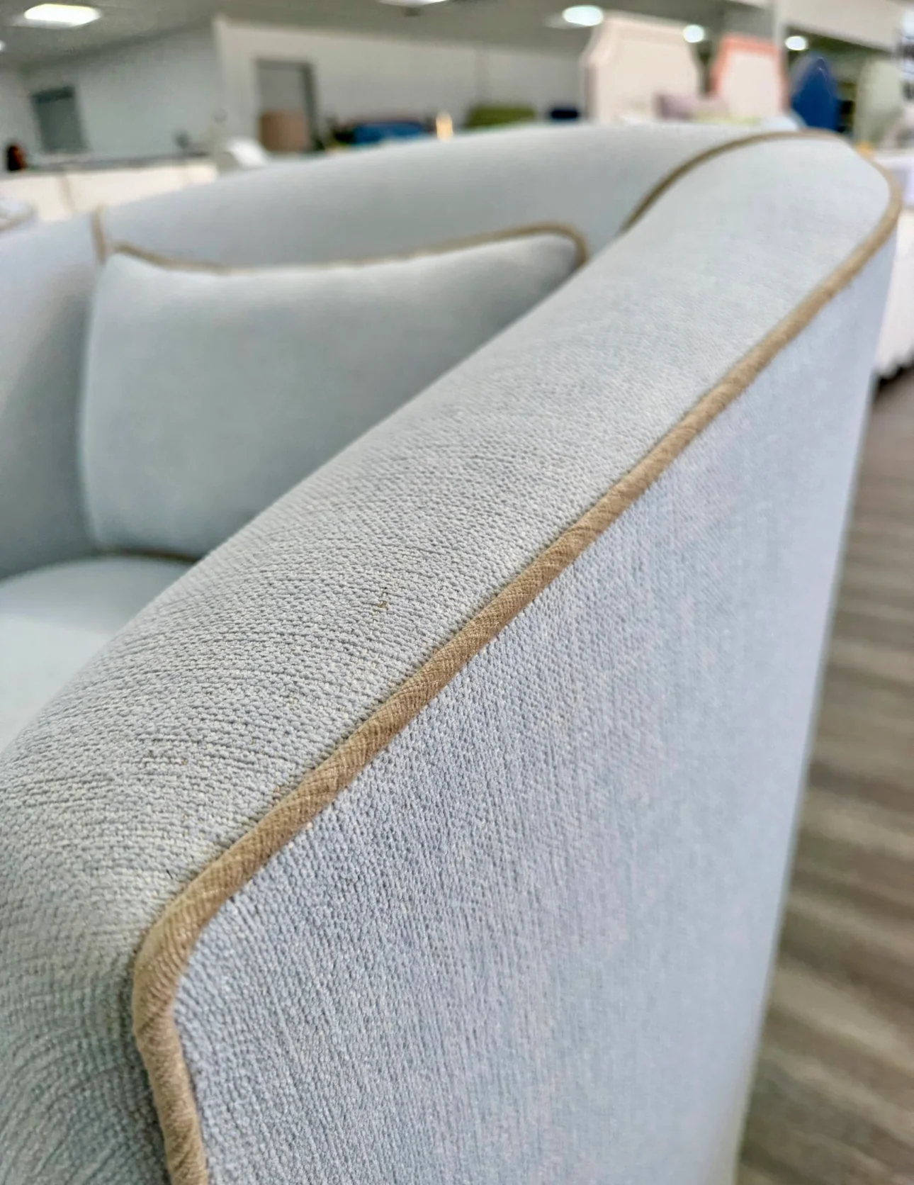 Custom Swivel Chair - Performance Crypton Fabric in Light Blue - Mushroom Trim - Image 5