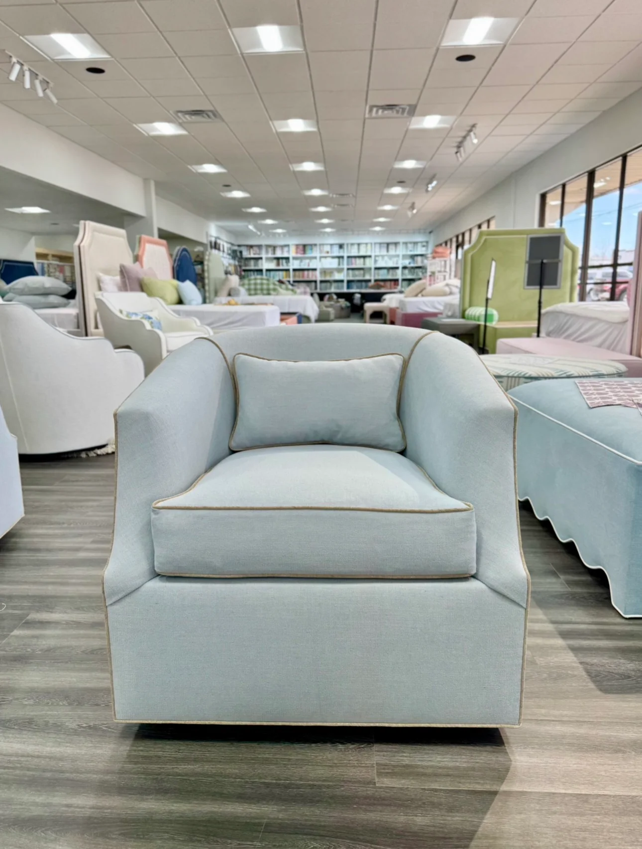Custom Swivel Chair - Performance Crypton Fabric in Light Blue - Mushroom Trim - Image 6