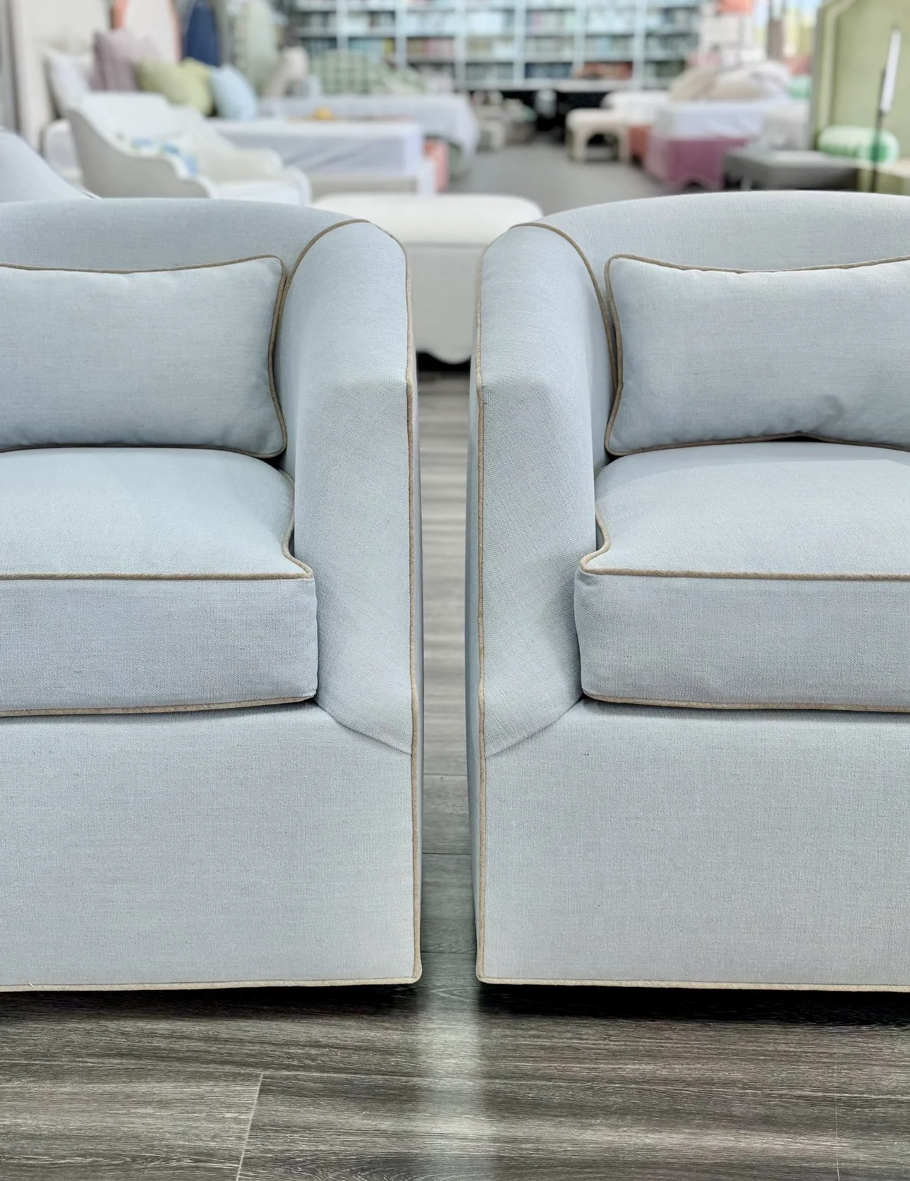 Custom Swivel Chair - Performance Crypton Fabric in Light Blue - Mushroom Trim - Image 7