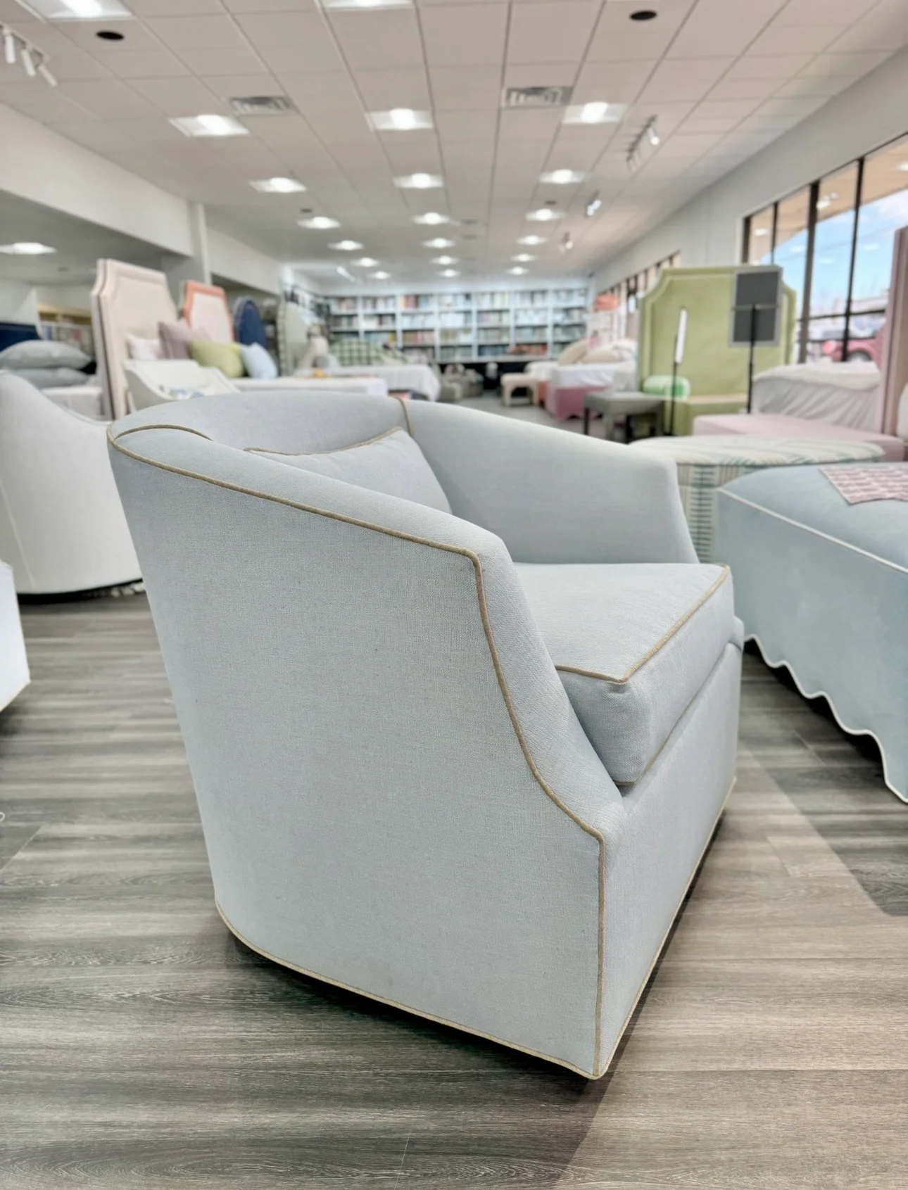 Custom Swivel Chair - Performance Crypton Fabric in Light Blue - Mushroom Trim - Image 8