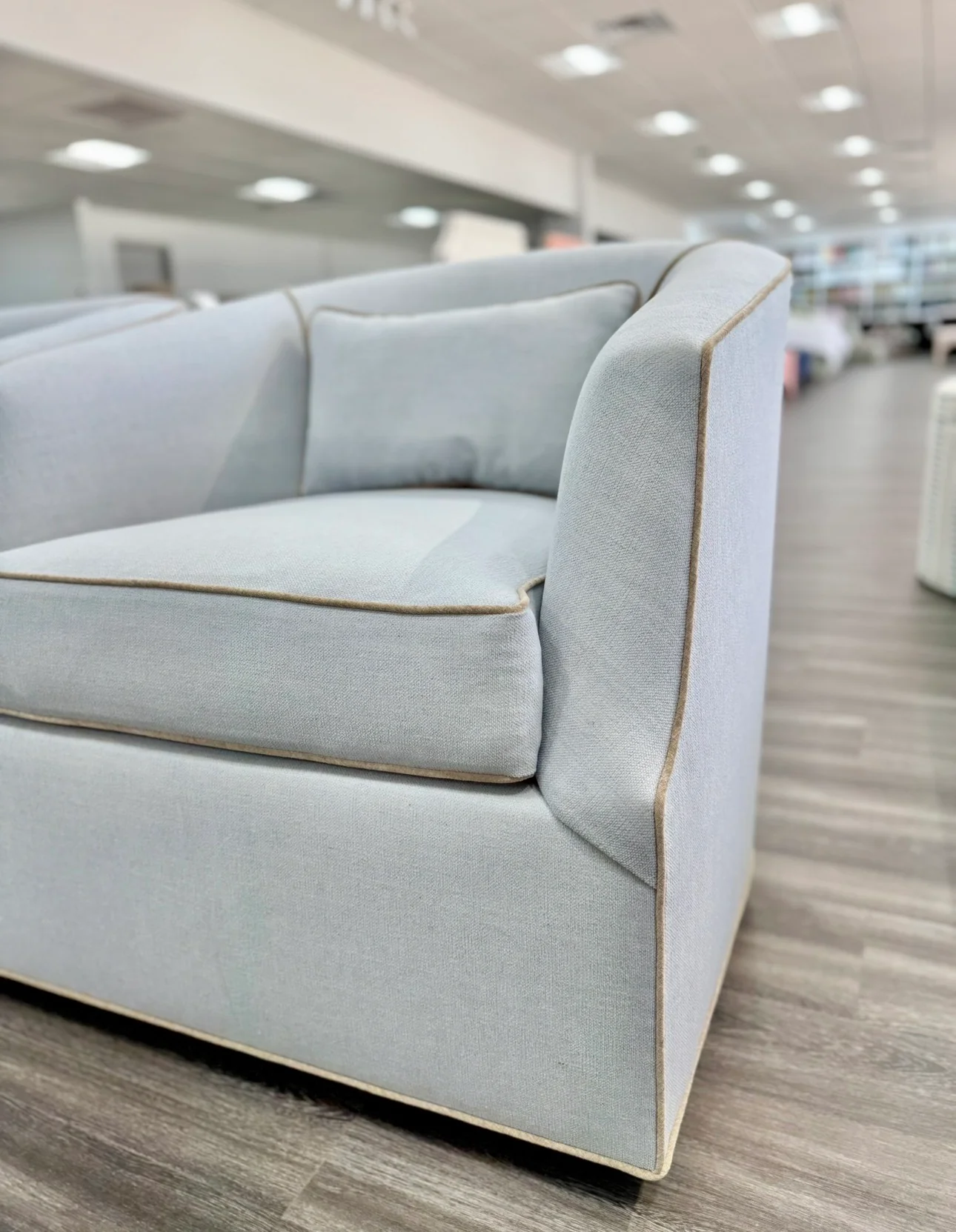 Custom Swivel Chair - Performance Crypton Fabric in Light Blue - Mushroom Trim - Image 9