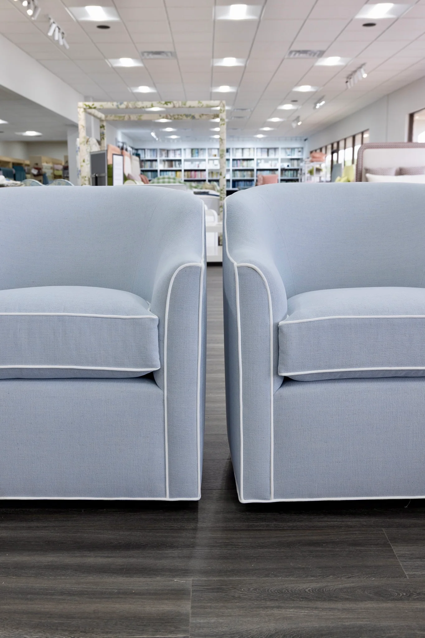 Custom Swivel Chair: Performance Light Blue Crypton Fabric - White Trim - Image 3