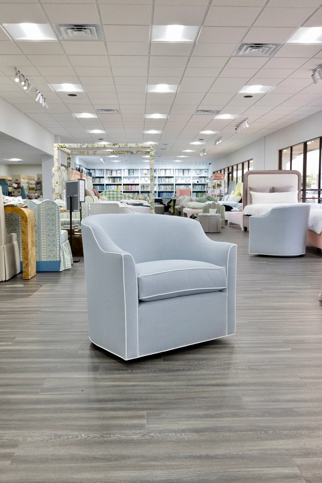 Custom Swivel Chair: Performance Light Blue Crypton Fabric - White Trim - Image 4