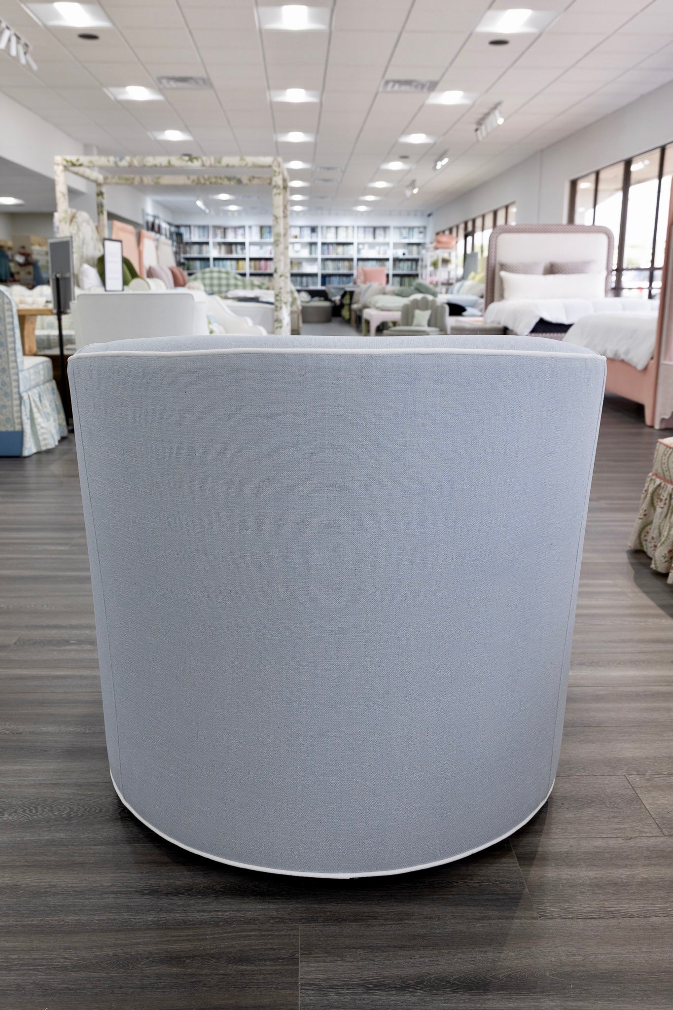 Custom Swivel Chair: Performance Light Blue Crypton Fabric - White Trim - Image 5