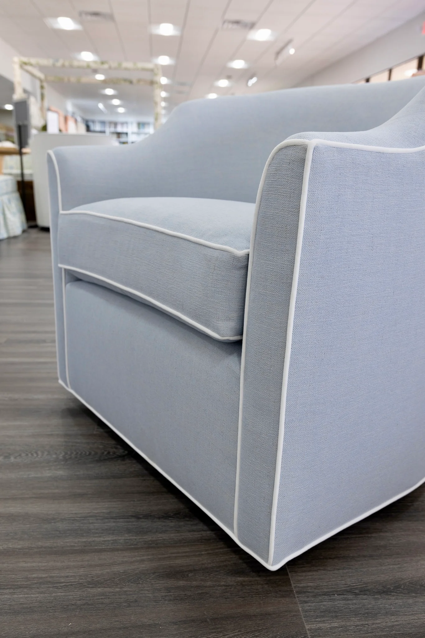 Custom Swivel Chair: Performance Light Blue Crypton Fabric - White Trim - Image 6