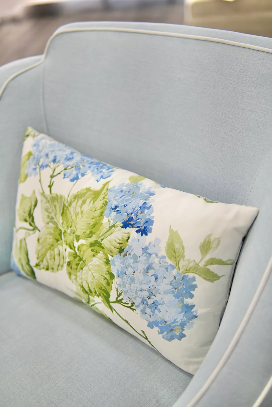 Custom Scalloped Swivel Chair: Sky Blue woven Fabric - Image 5
