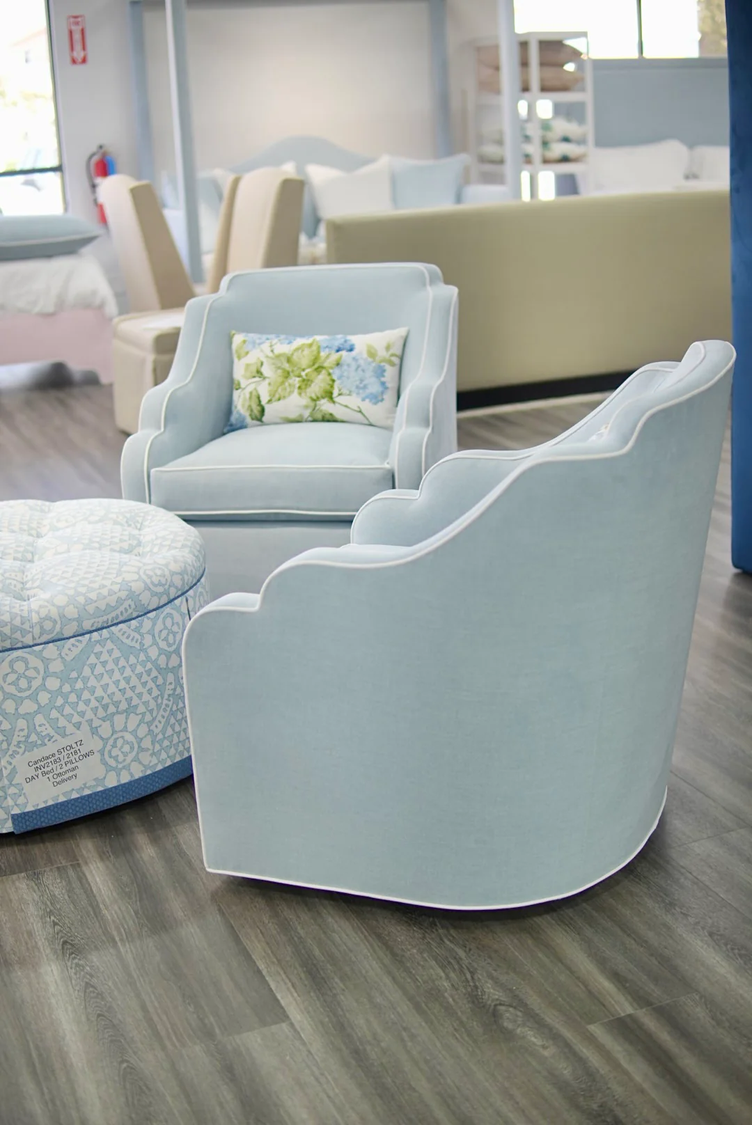 Custom Scalloped Swivel Chair: Sky Blue woven Fabric - Image 6