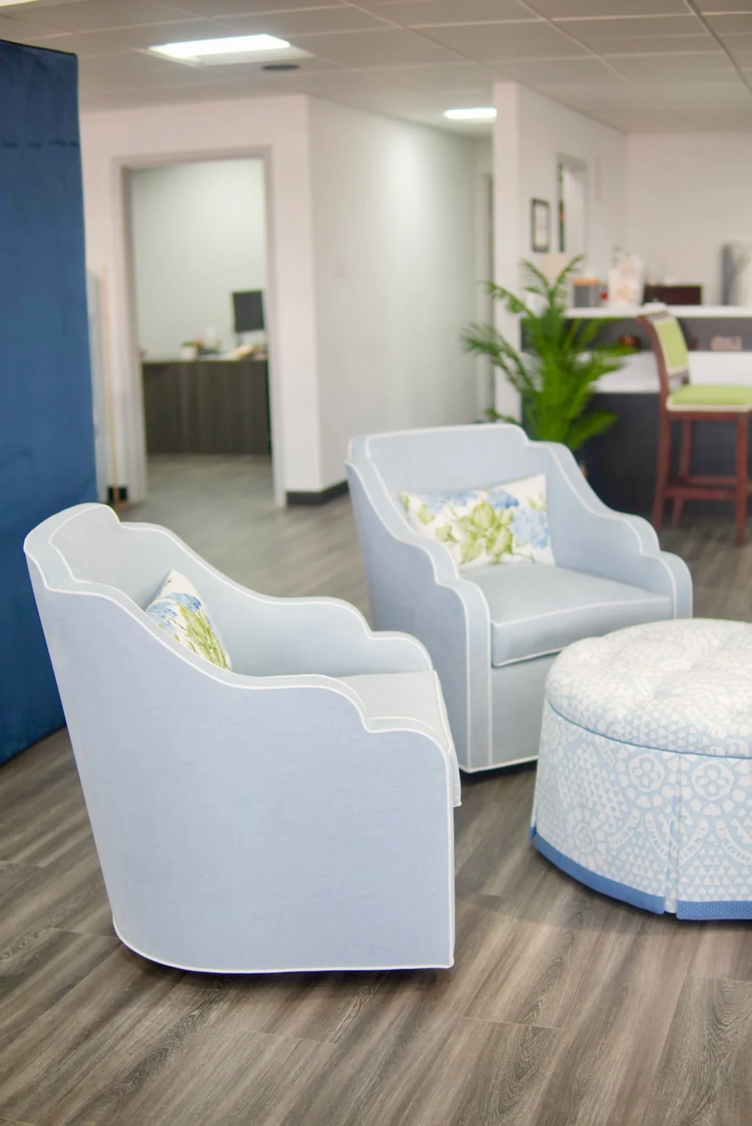 Custom Scalloped Swivel Chair: Sky Blue woven Fabric - Image 8