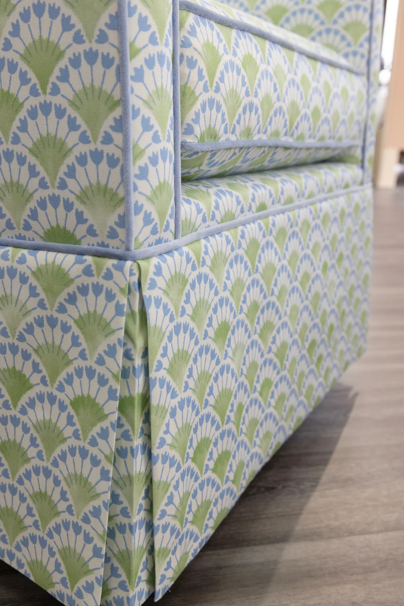 Custom Swivel Glider Chair – Floral Green / Blue Fabric with Blue Trim - Image 2