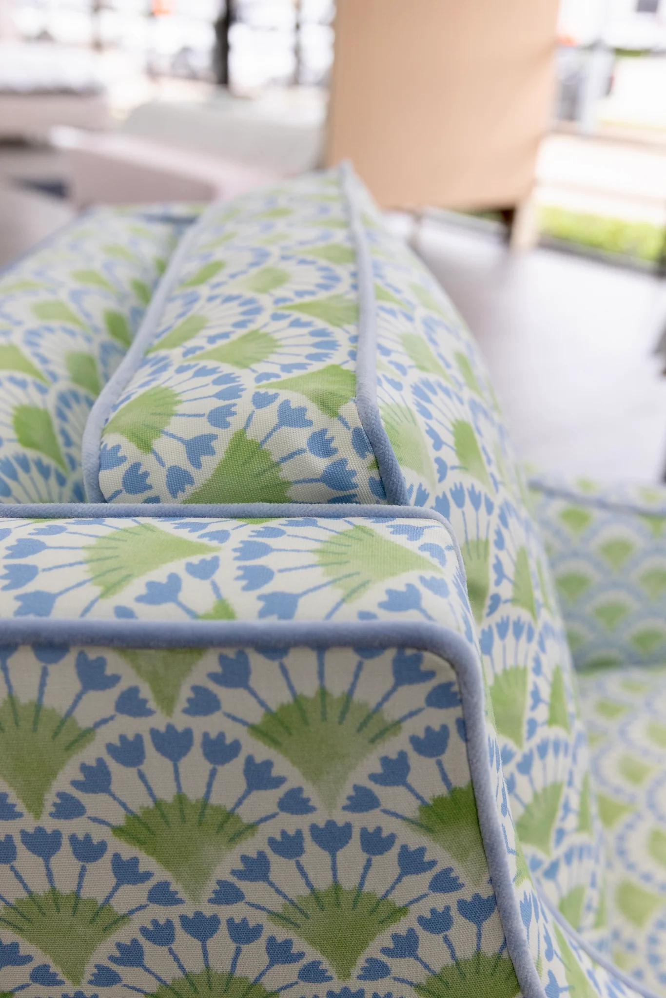 Custom Swivel Glider Chair – Floral Green / Blue Fabric with Blue Trim - Image 7
