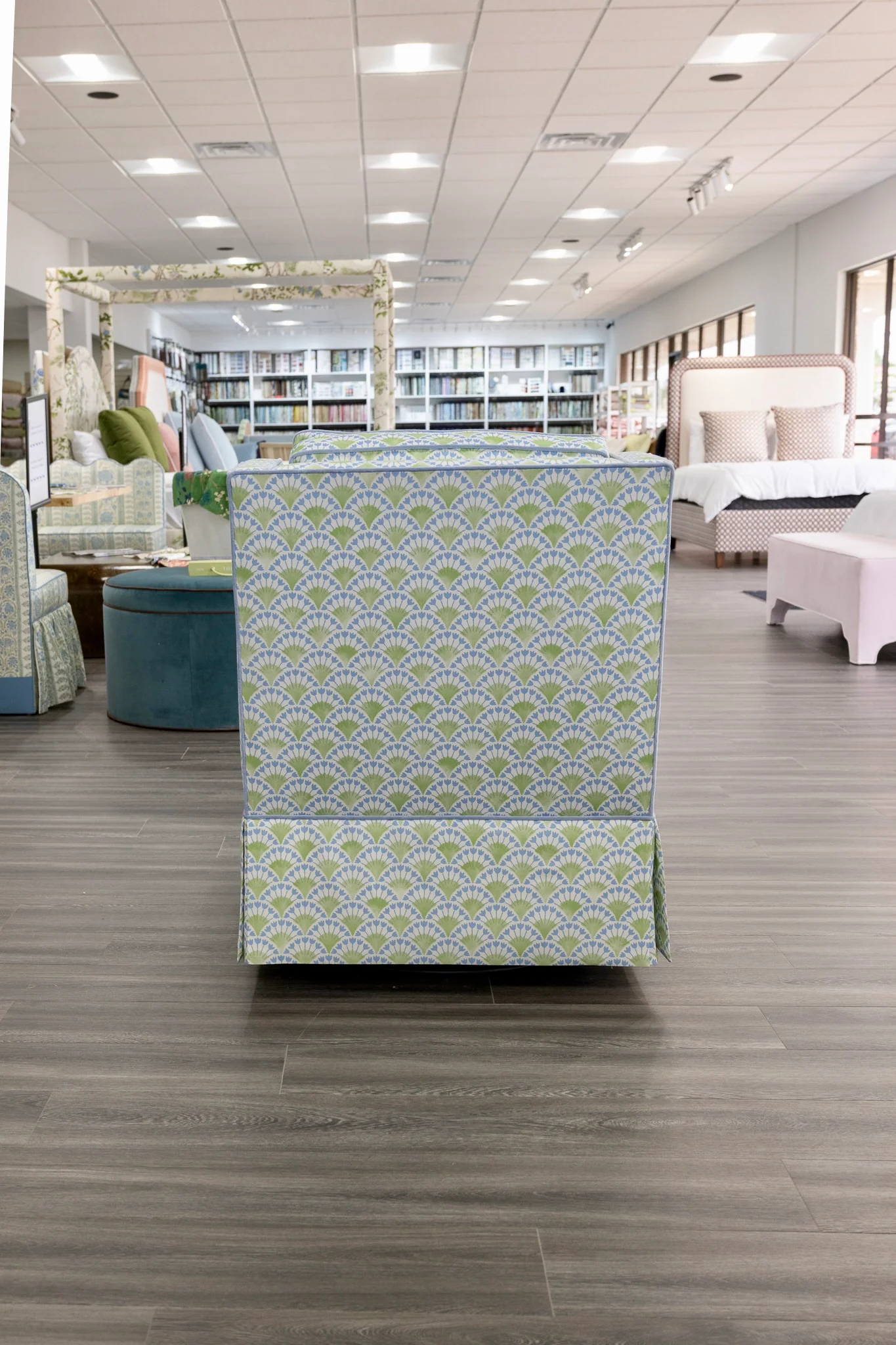 Custom Swivel Glider Chair – Floral Green / Blue Fabric with Blue Trim - Image 8