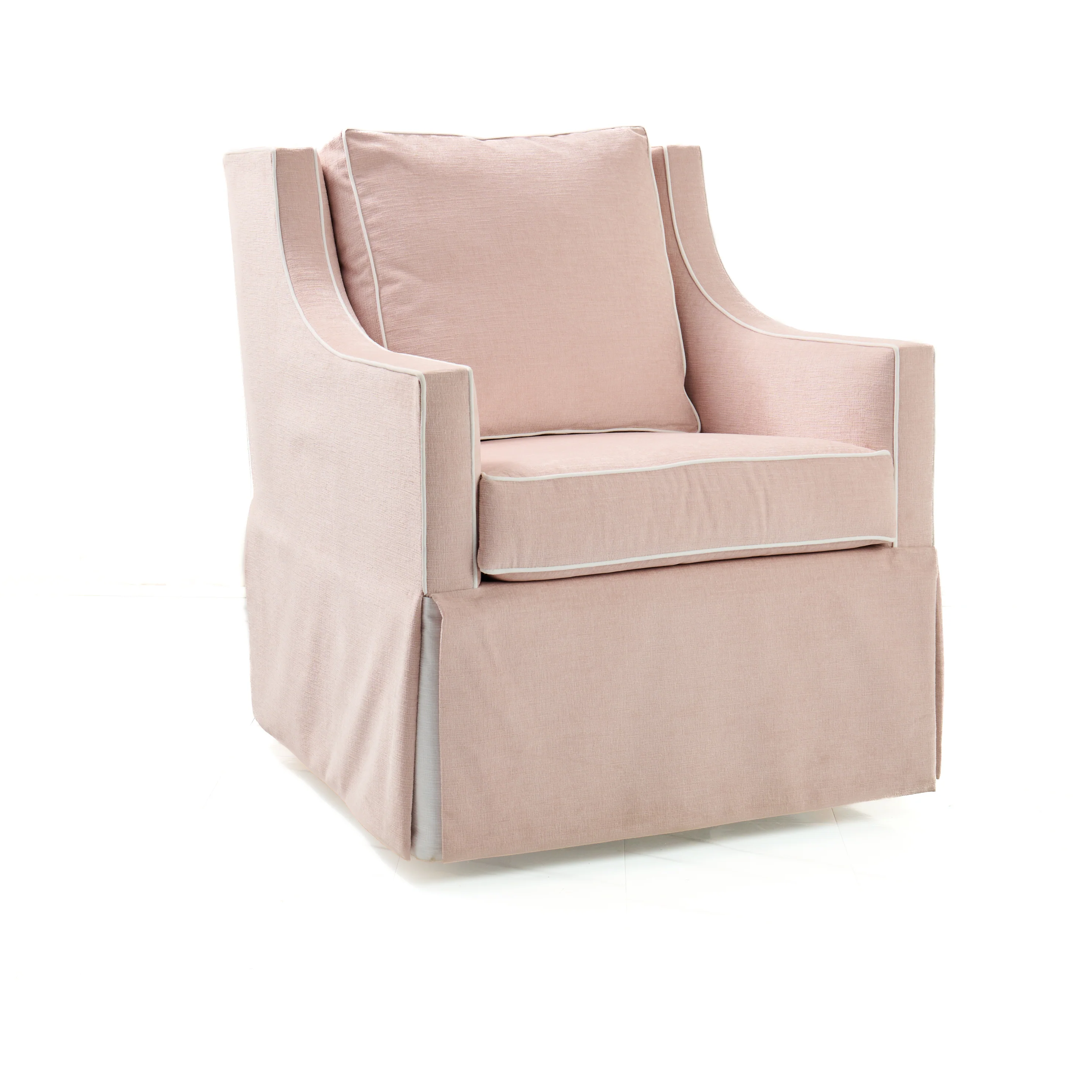 Custom Swivel Glider Chair – Performance Light Pink Chenille Fabric with White Trim