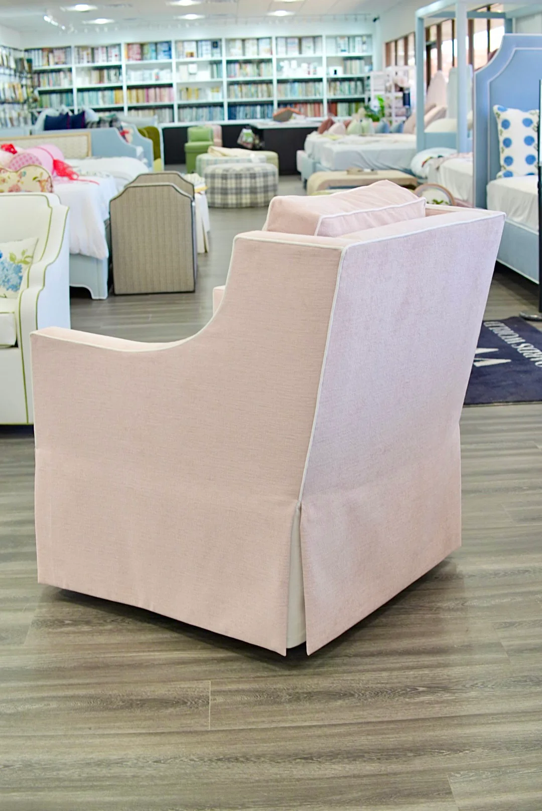 Custom Swivel Glider Chair – Performance Light Pink Chenille Fabric with White Trim - Image 10