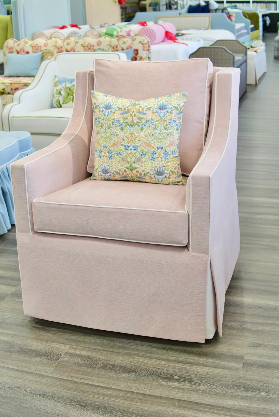 Custom Swivel Glider Chair – Performance Light Pink Chenille Fabric with White Trim - Image 2