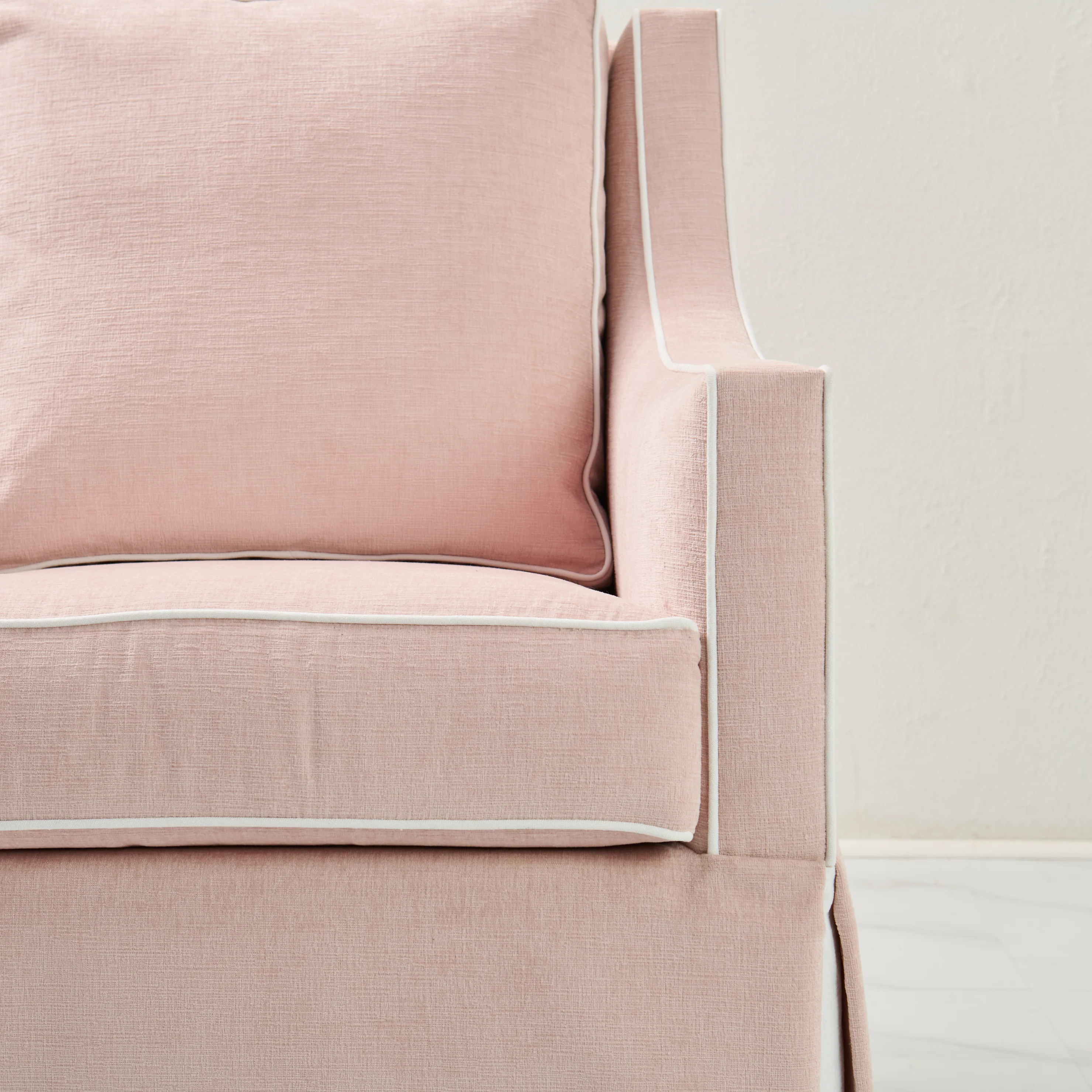 Custom Swivel Glider Chair – Performance Light Pink Chenille Fabric with White Trim - Image 3