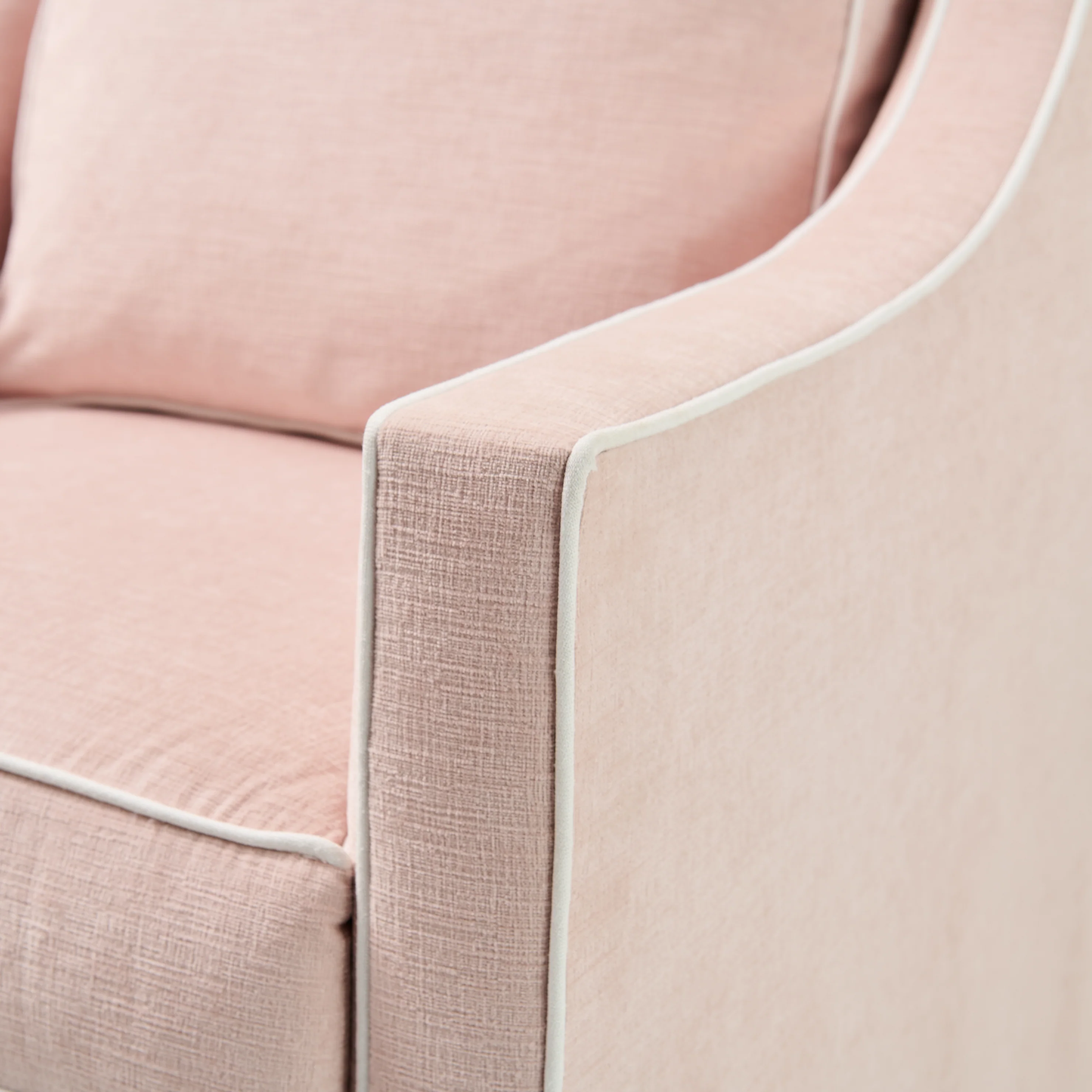 Custom Swivel Glider Chair – Performance Light Pink Chenille Fabric with White Trim - Image 4