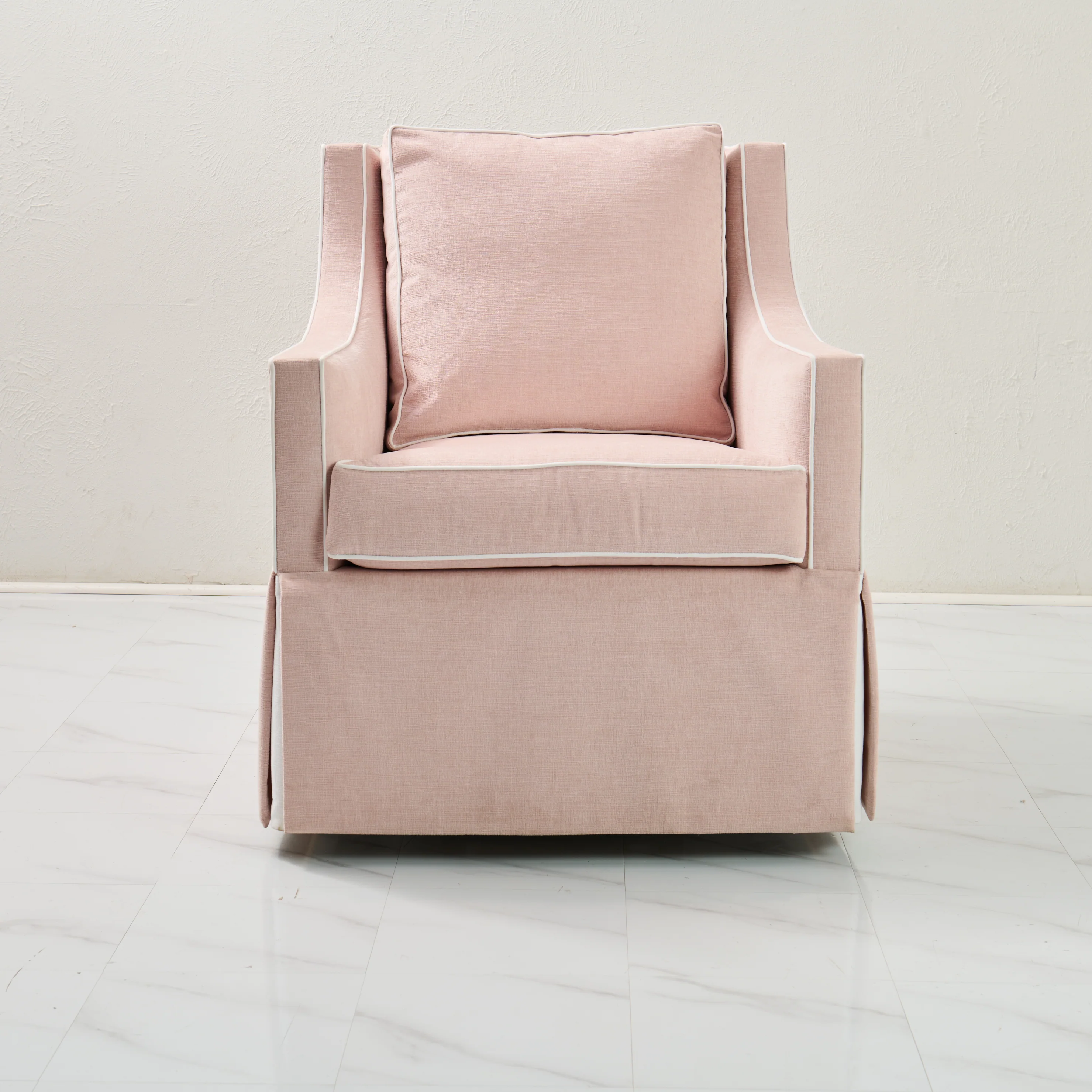 Custom Swivel Glider Chair – Performance Light Pink Chenille Fabric with White Trim - Image 5