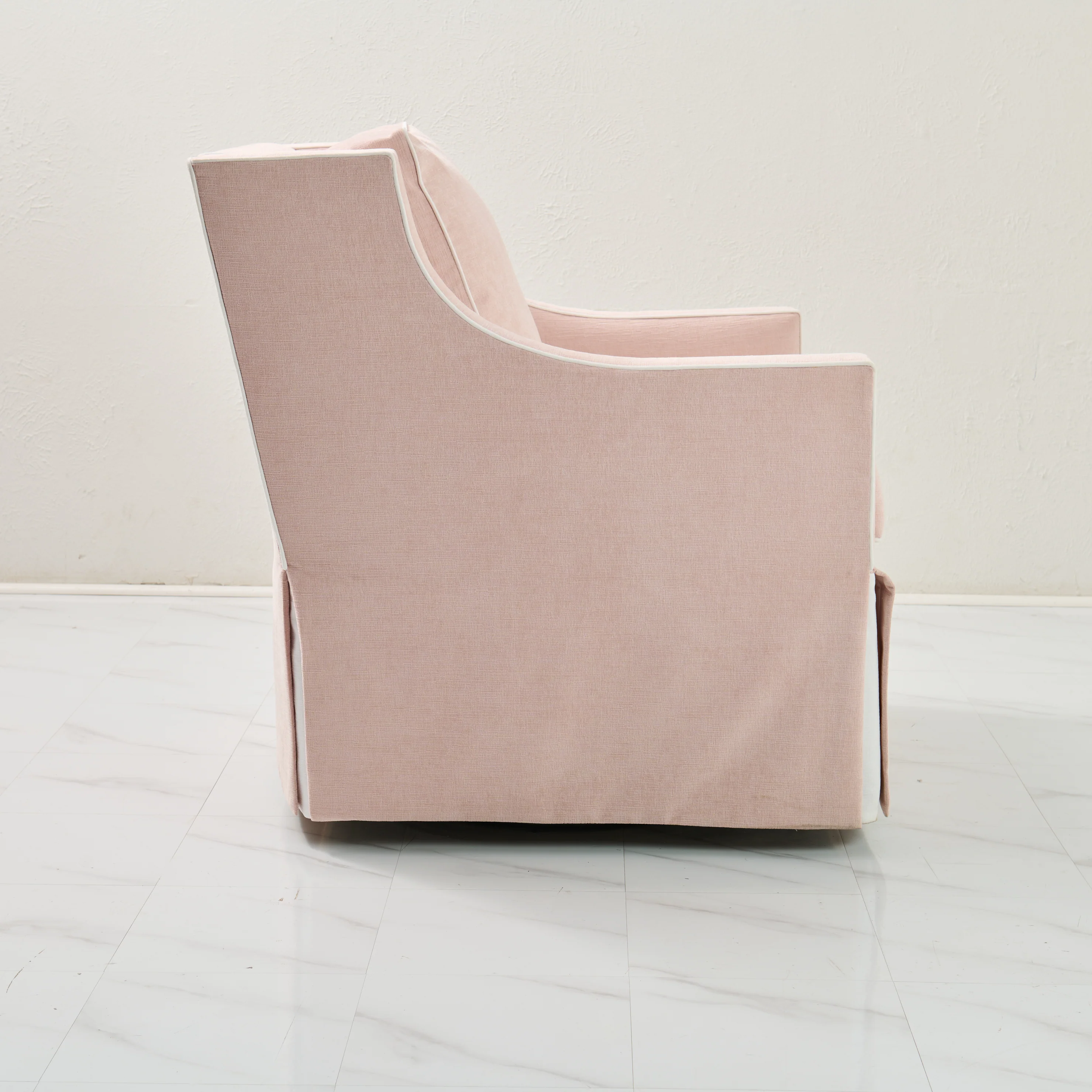 Custom Swivel Glider Chair – Performance Light Pink Chenille Fabric with White Trim - Image 6