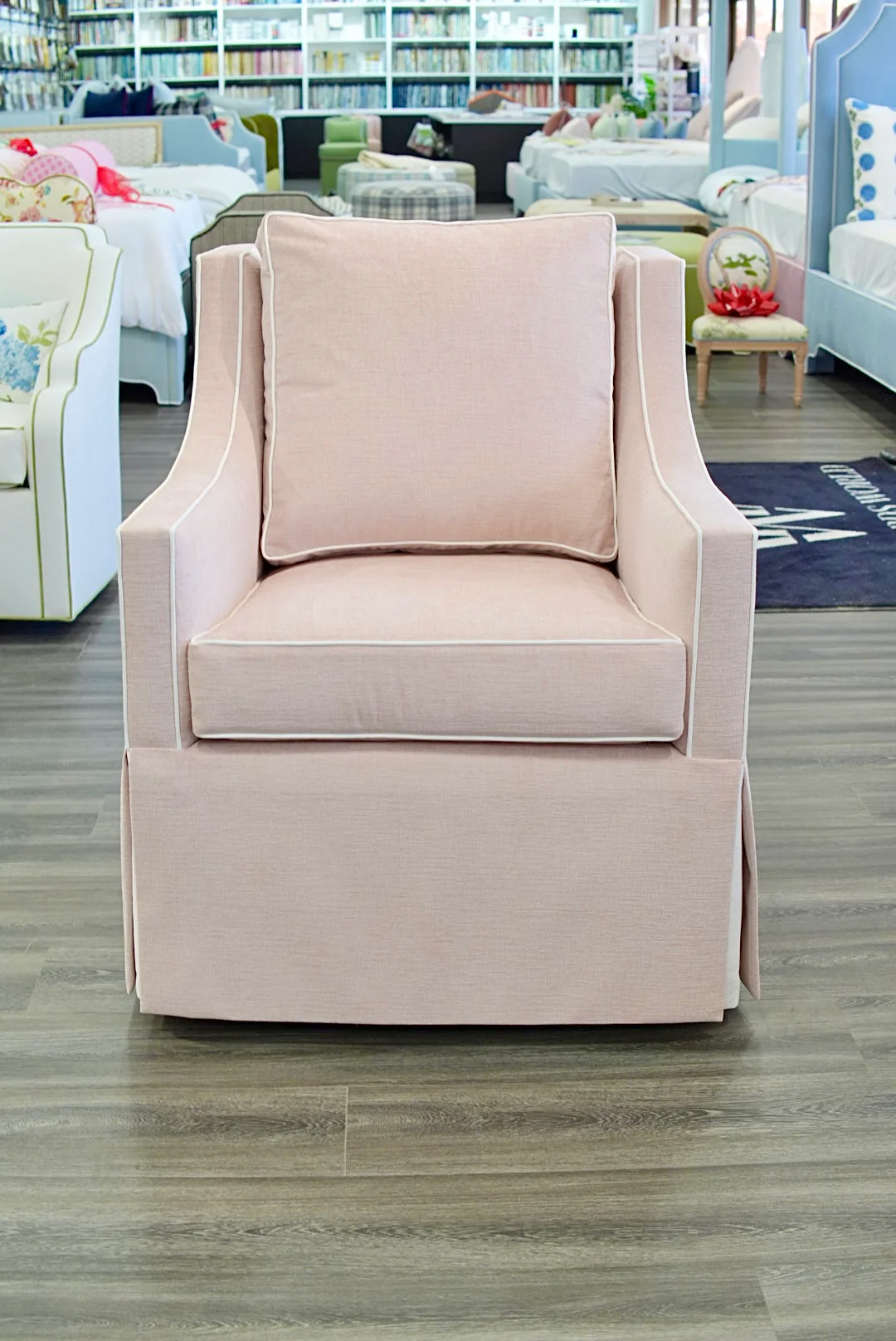 Custom Swivel Glider Chair – Performance Light Pink Chenille Fabric with White Trim - Image 7