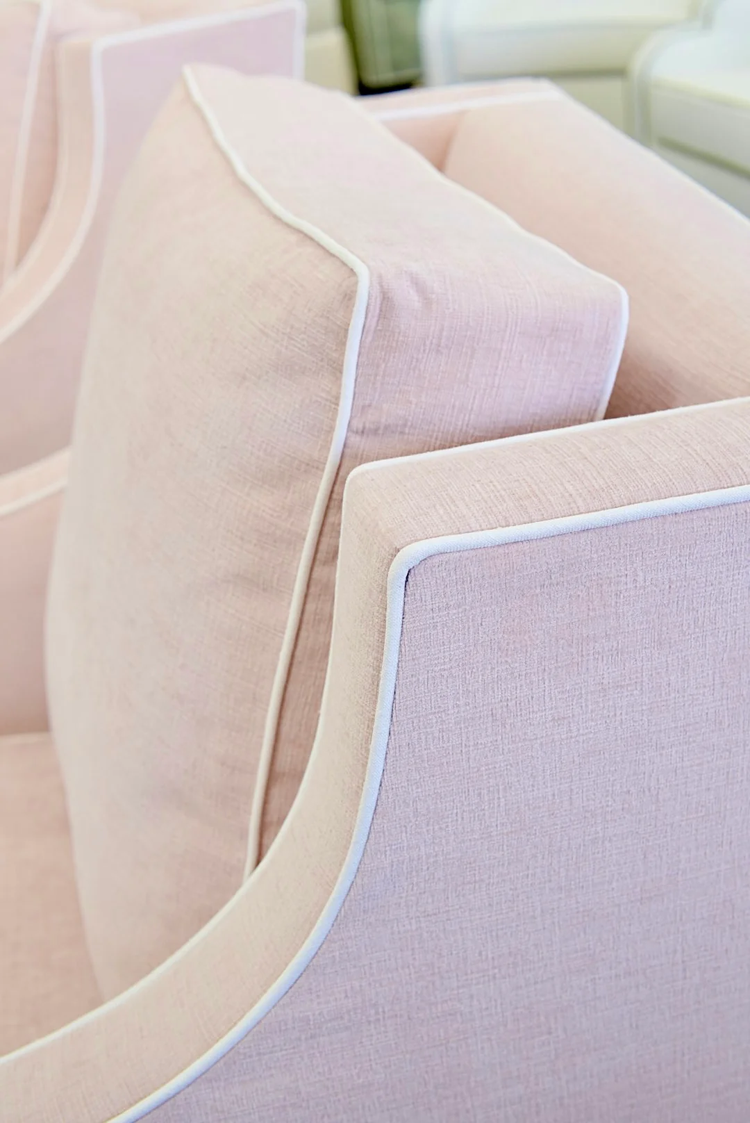 Custom Swivel Glider Chair – Performance Light Pink Chenille Fabric with White Trim - Image 8