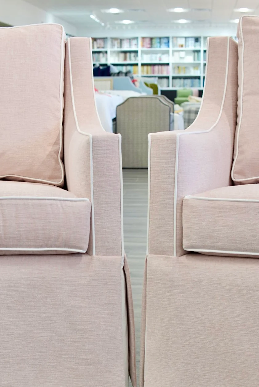 Custom Swivel Glider Chair – Performance Light Pink Chenille Fabric with White Trim - Image 9