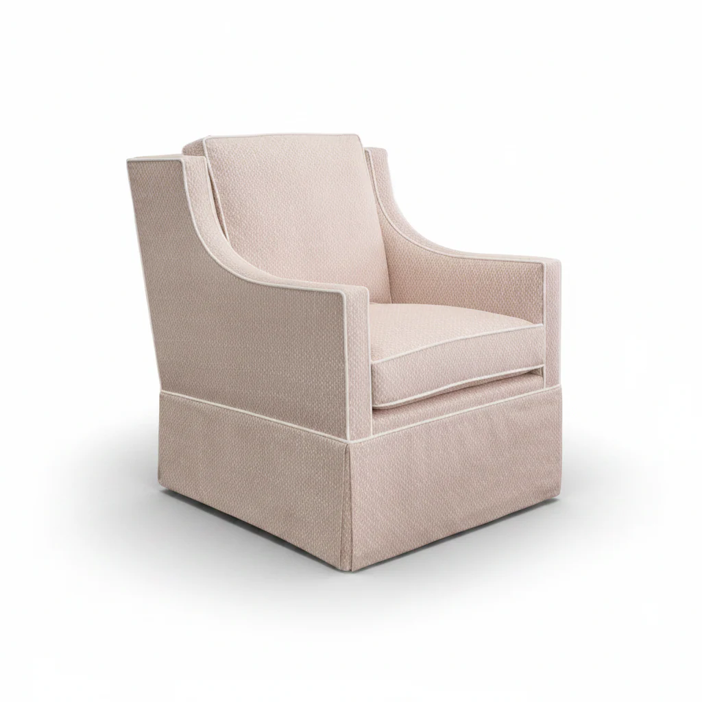Custom Swivel Glider Chair – Pink Dotted Fabric with White Trim