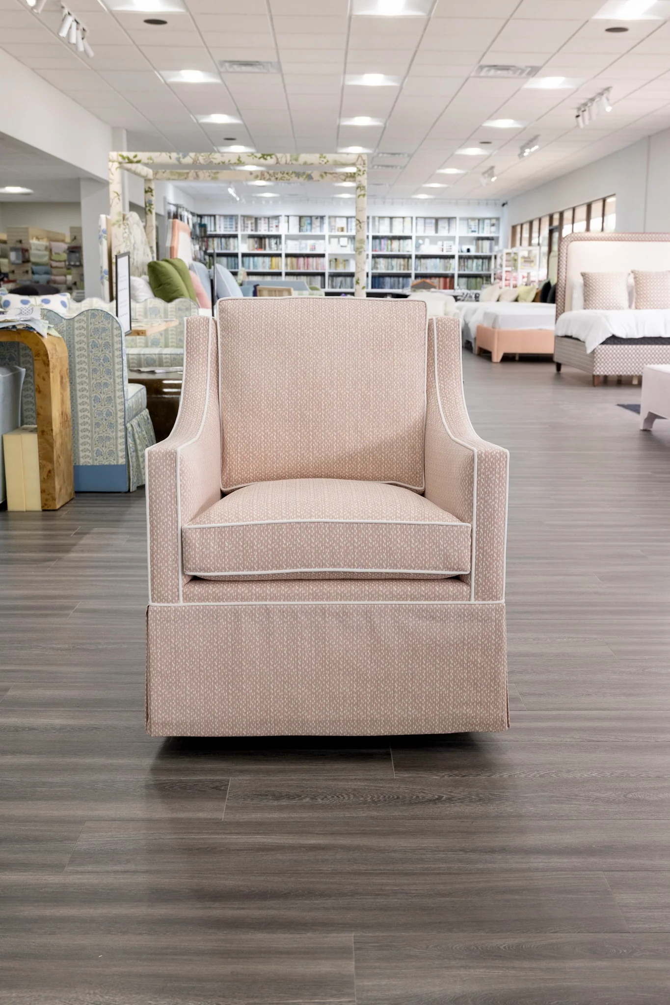 Custom Swivel Glider Chair – Pink Dotted Fabric with White Trim - Image 2