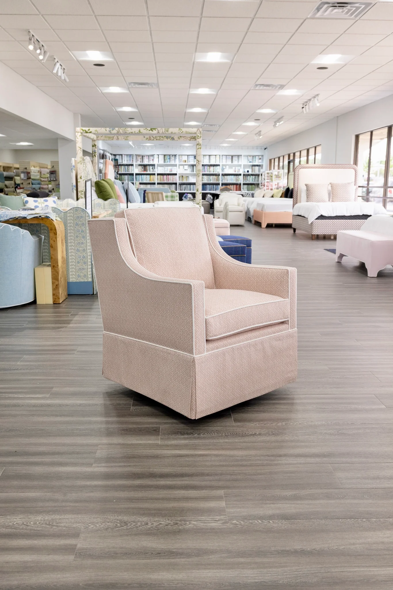 Custom Swivel Glider Chair – Pink Dotted Fabric with White Trim - Image 4