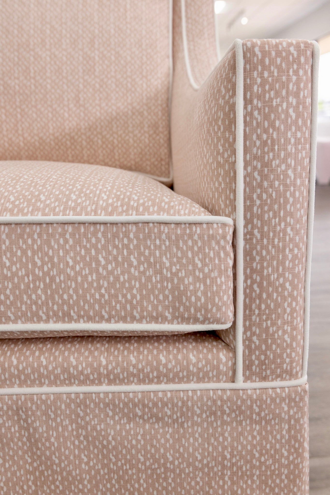 Custom Swivel Glider Chair – Pink Dotted Fabric with White Trim - Image 6