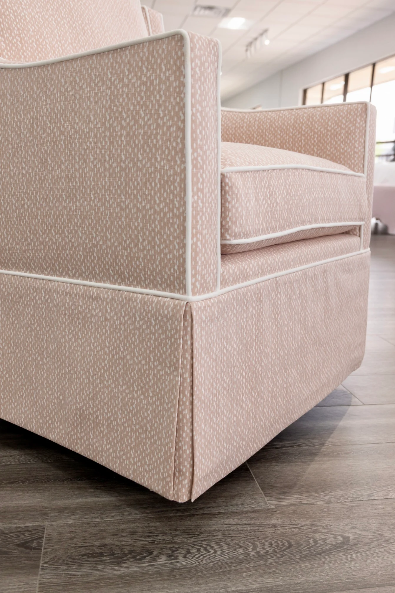 Custom Swivel Glider Chair – Pink Dotted Fabric with White Trim - Image 7