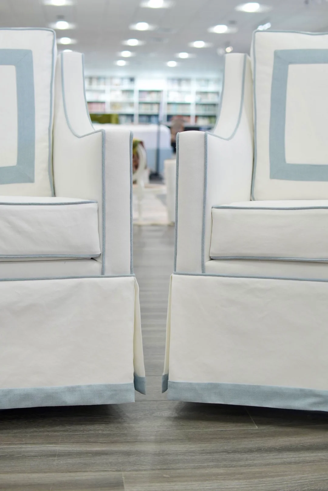Custom Swivel Glider Chair – White Linen with Sky Blue Trim - Image 3