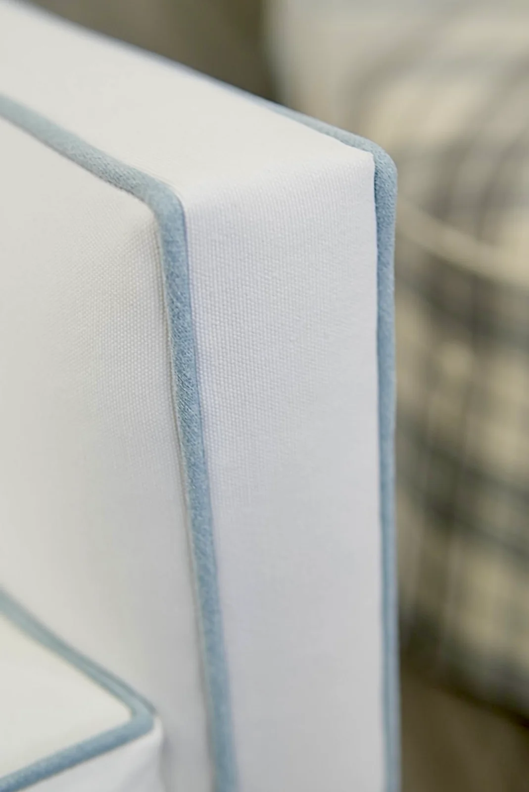 Custom Swivel Glider Chair – White Linen with Sky Blue Trim - Image 4