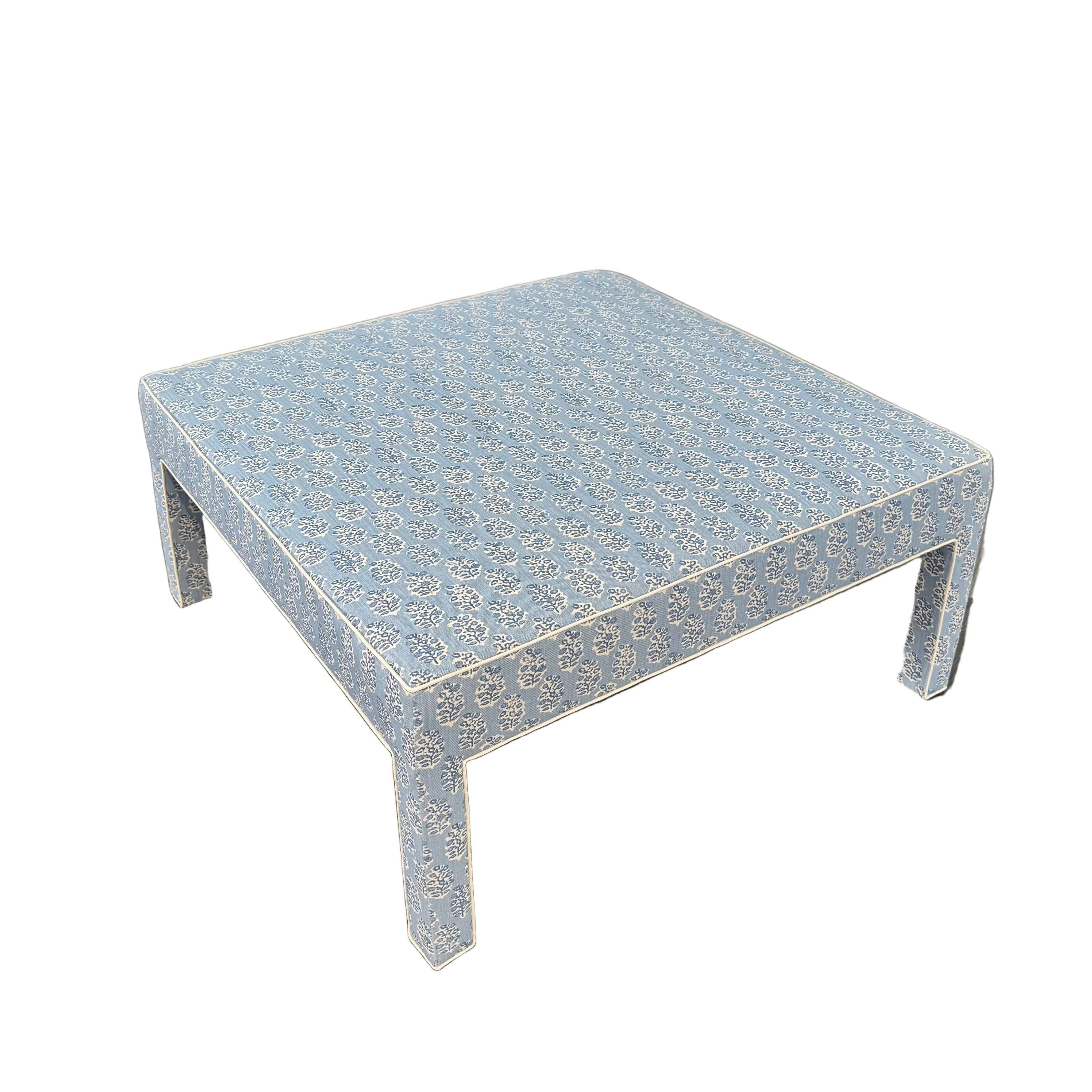 Custom Upholstered Bench in Perry Blue Floral Fabric
