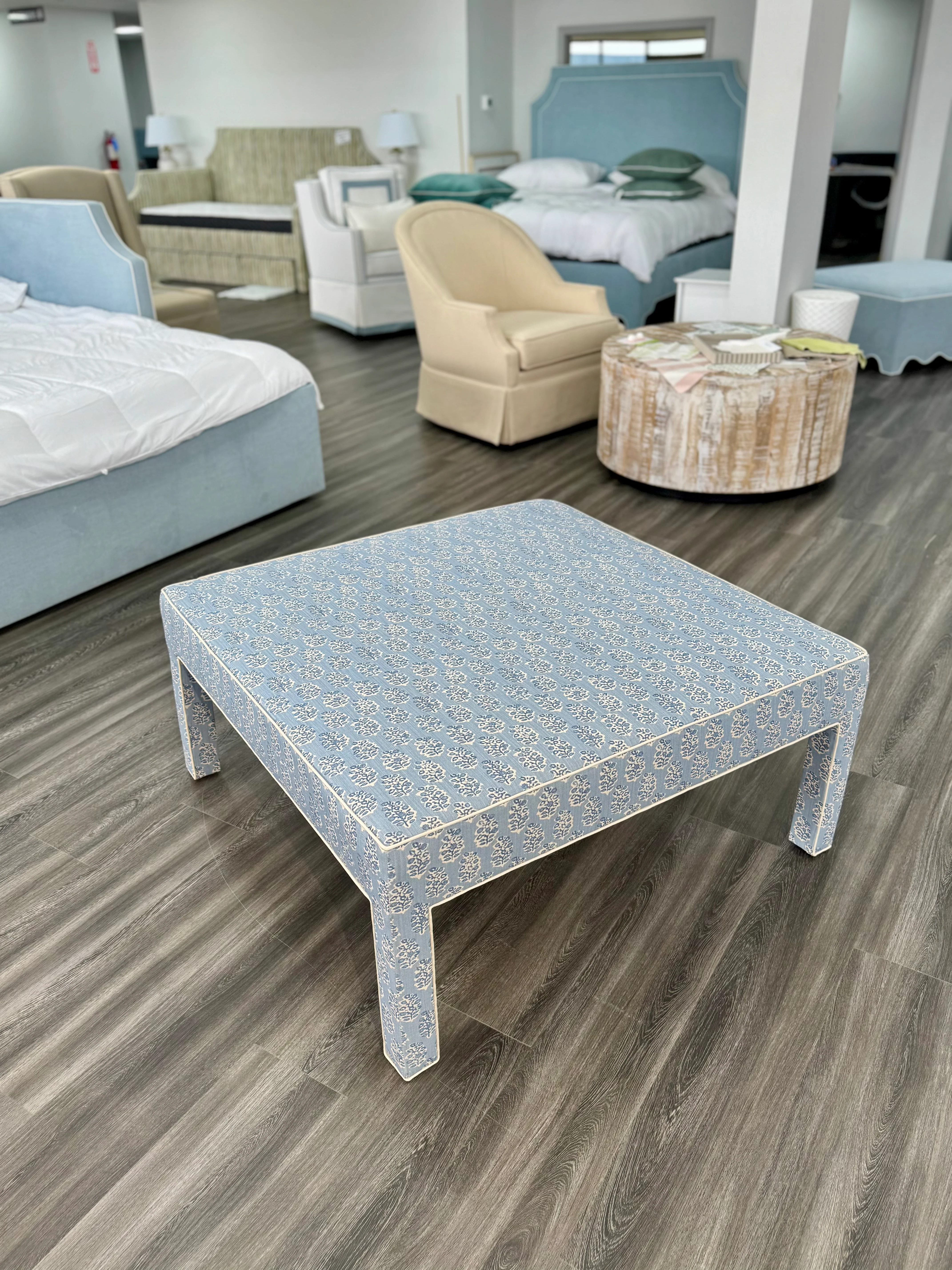 Custom Upholstered Bench in Perry Blue Floral Fabric - Image 2
