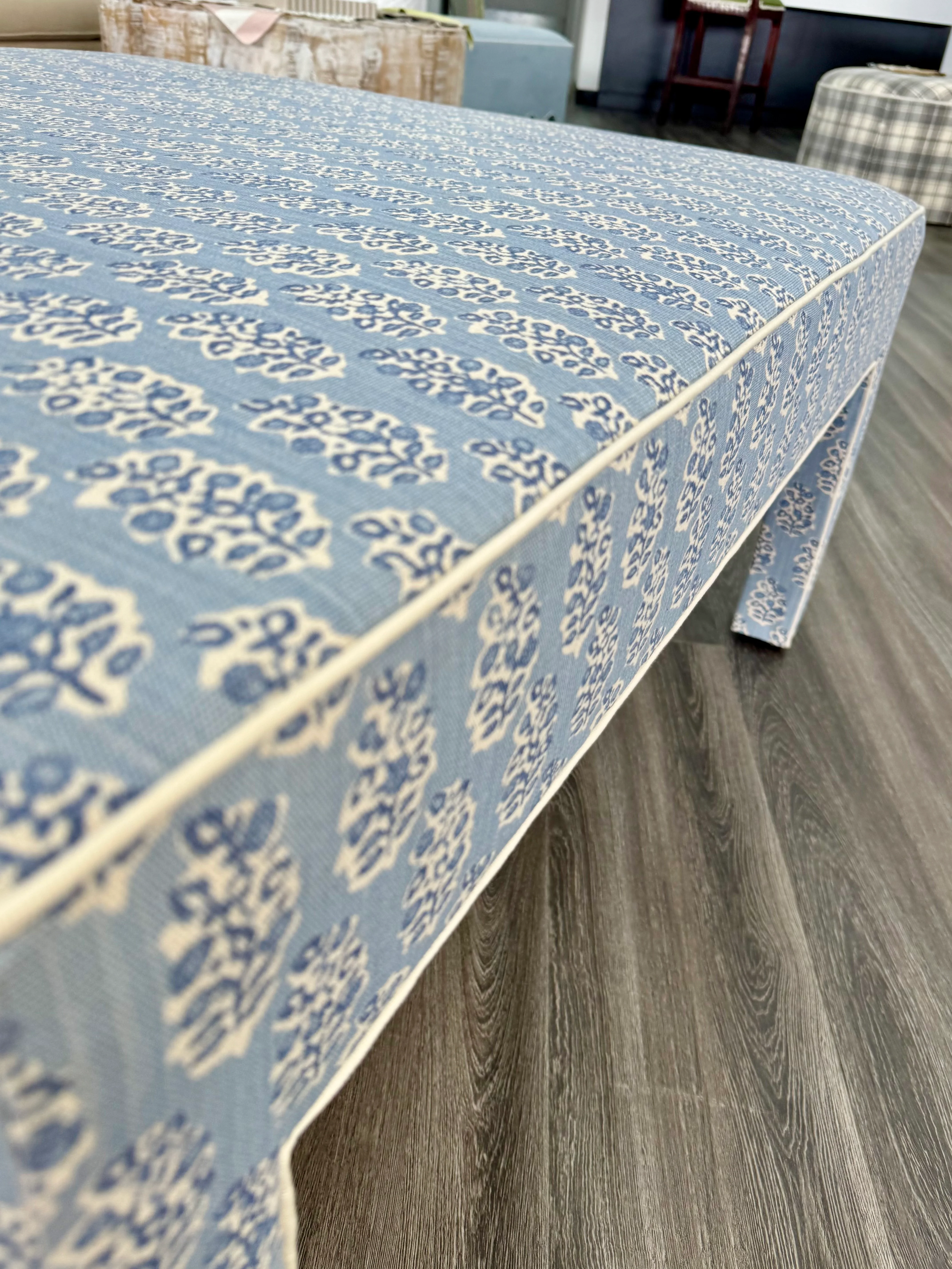 Custom Upholstered Bench in Perry Blue Floral Fabric - Image 7