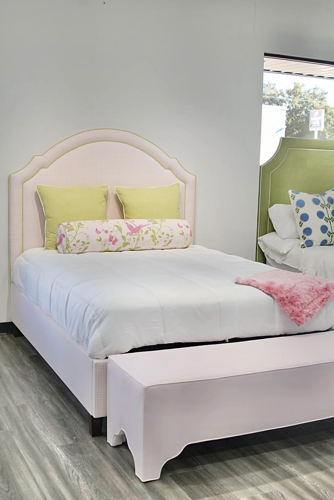 Custom Upholstered Bench in Powder Pink Woven Fabric - Image 4