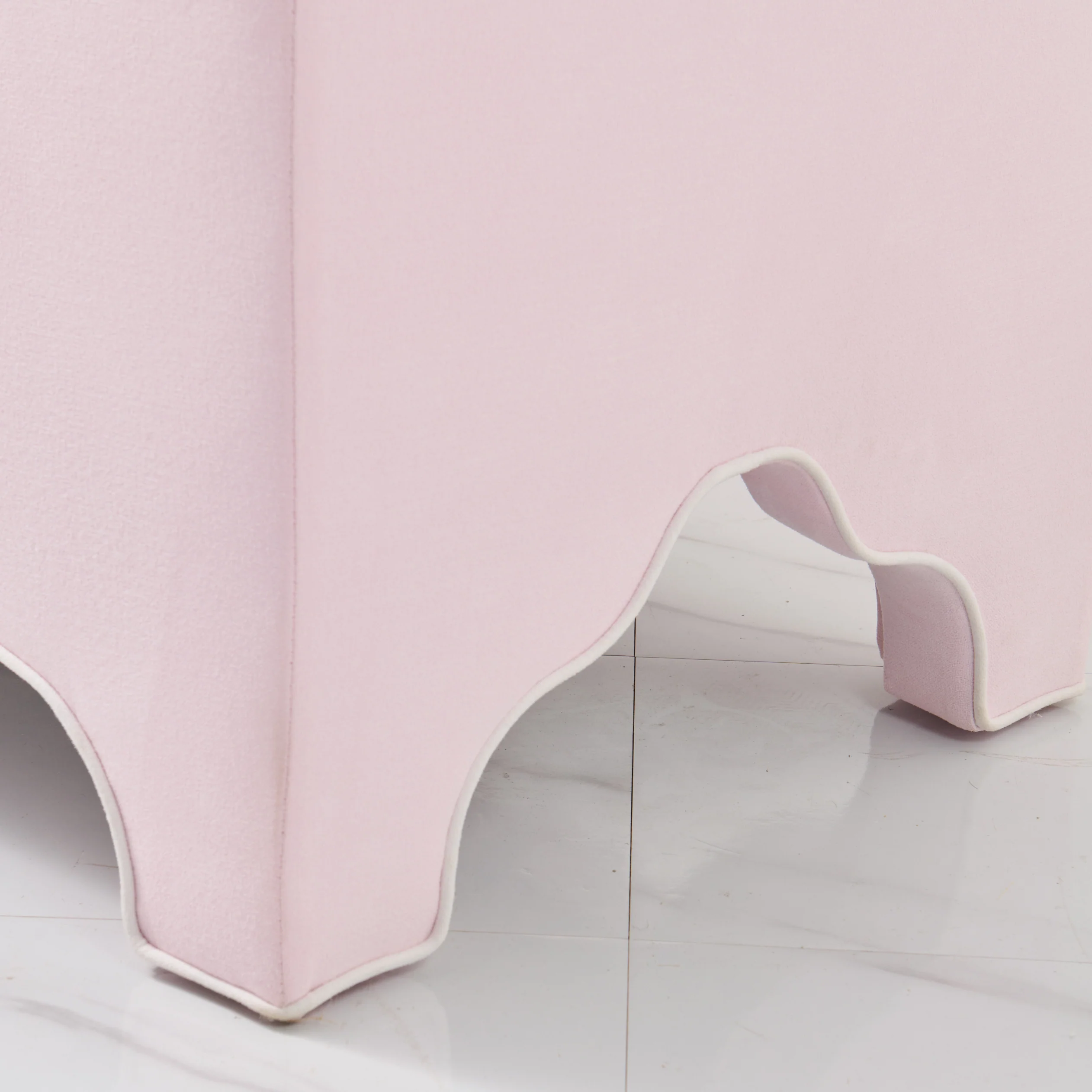 Custom Upholstered Bench in Powder Pink Woven Fabric - Image 5