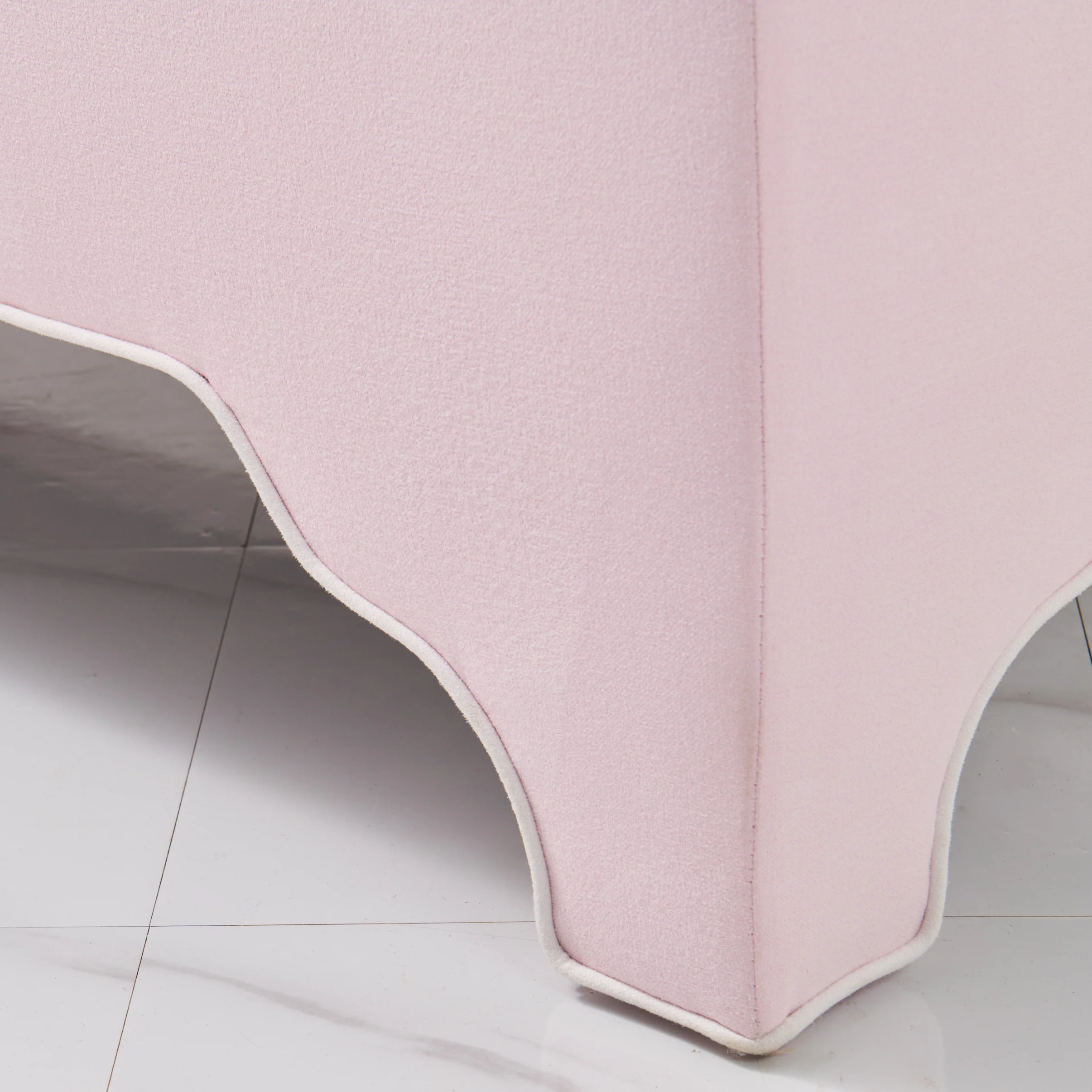 Custom Upholstered Bench in Powder Pink Woven Fabric - Image 6