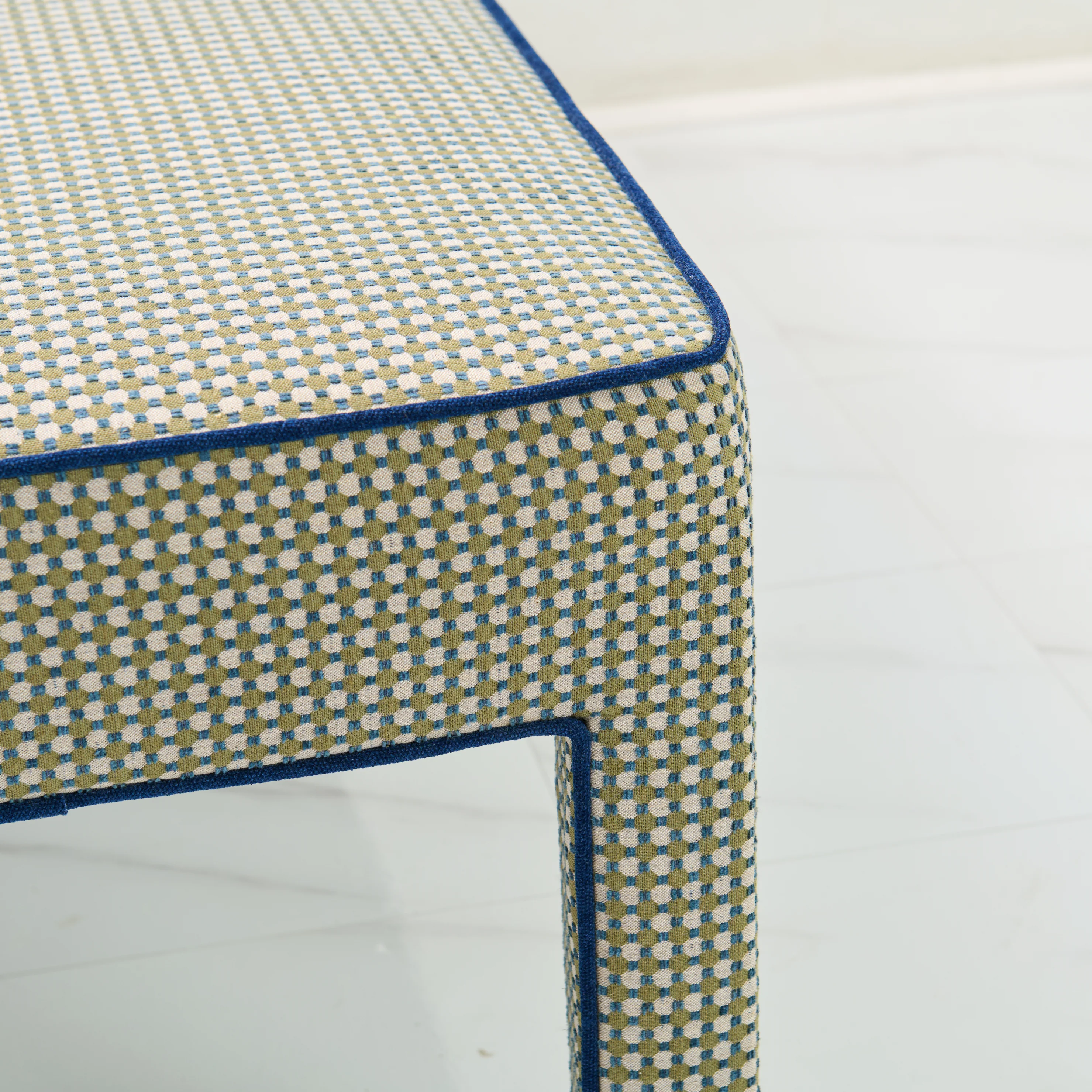 Custom Upholstered Bench in Thibaut Fabric - Navy Trim - Image 8