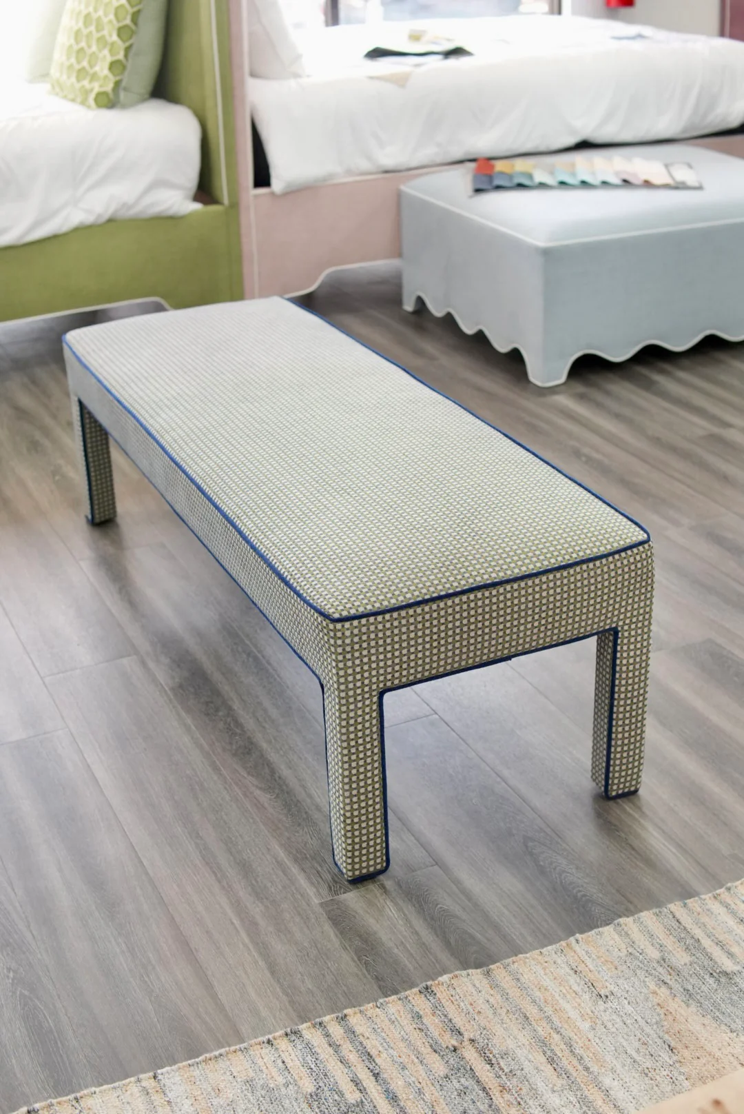 Custom Upholstered Bench in Thibaut Fabric - Navy Trim - Image 9