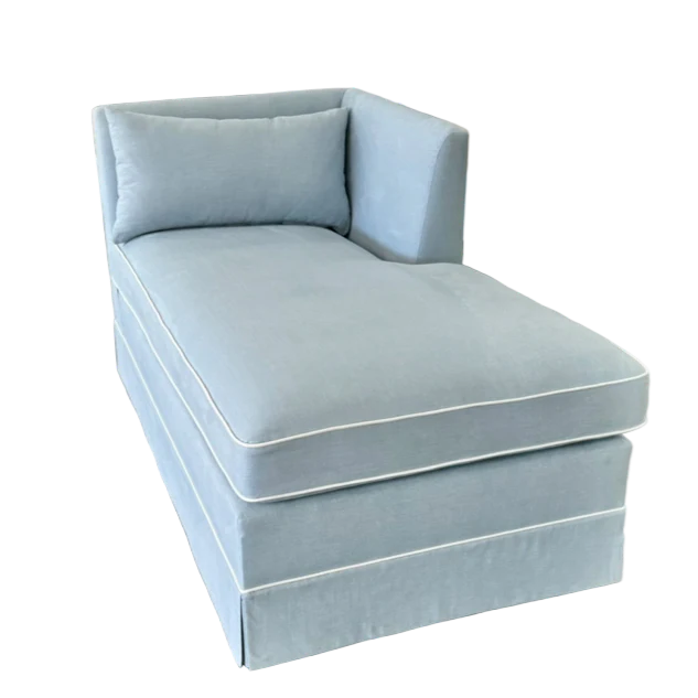 Custom Upholstered Chaise Chair in Sky Blue Woven - White Trim
